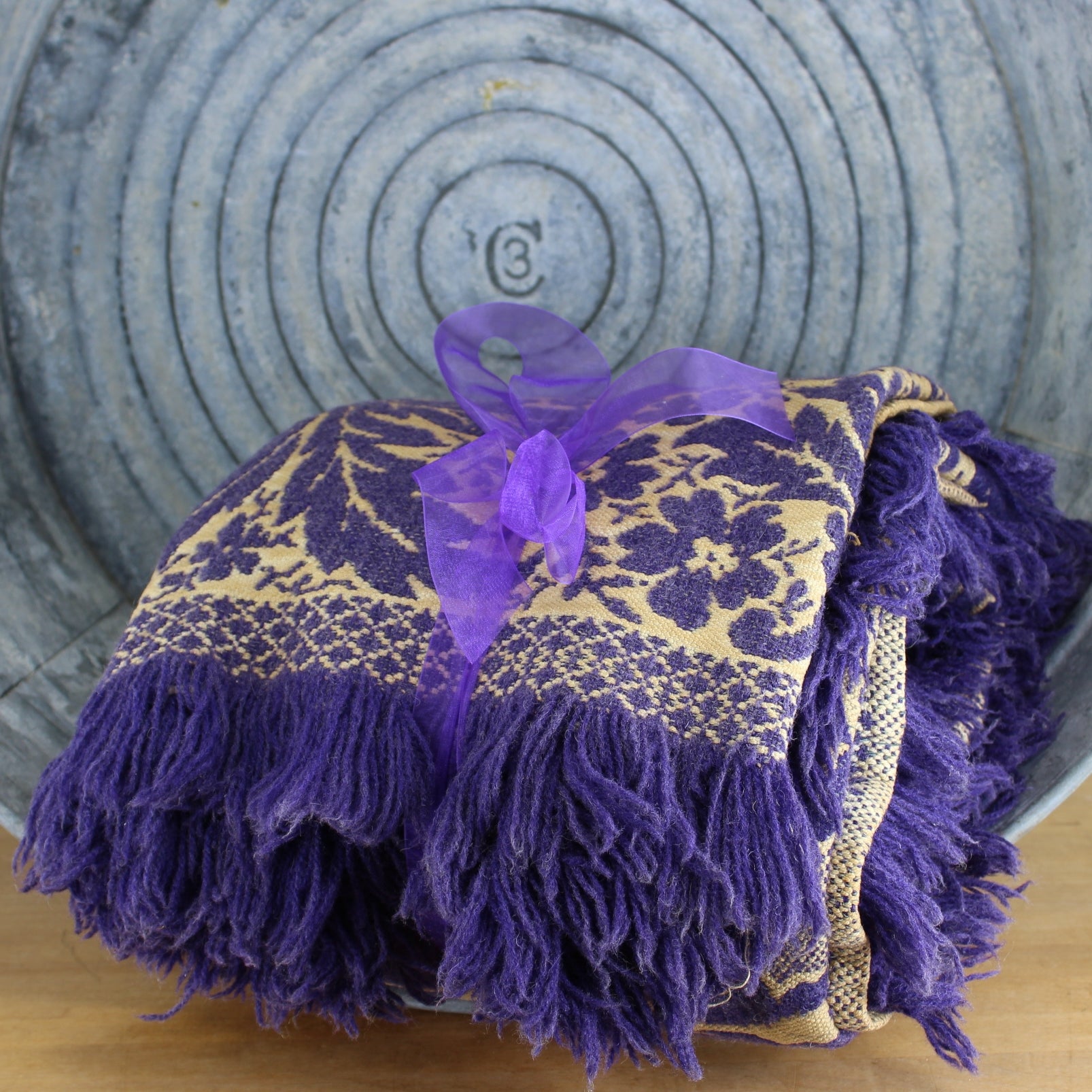 Antique Jacquard Coverlet - Indigo Purple Floral Medallion Geometric - Initials A E - Intricate All Over Design