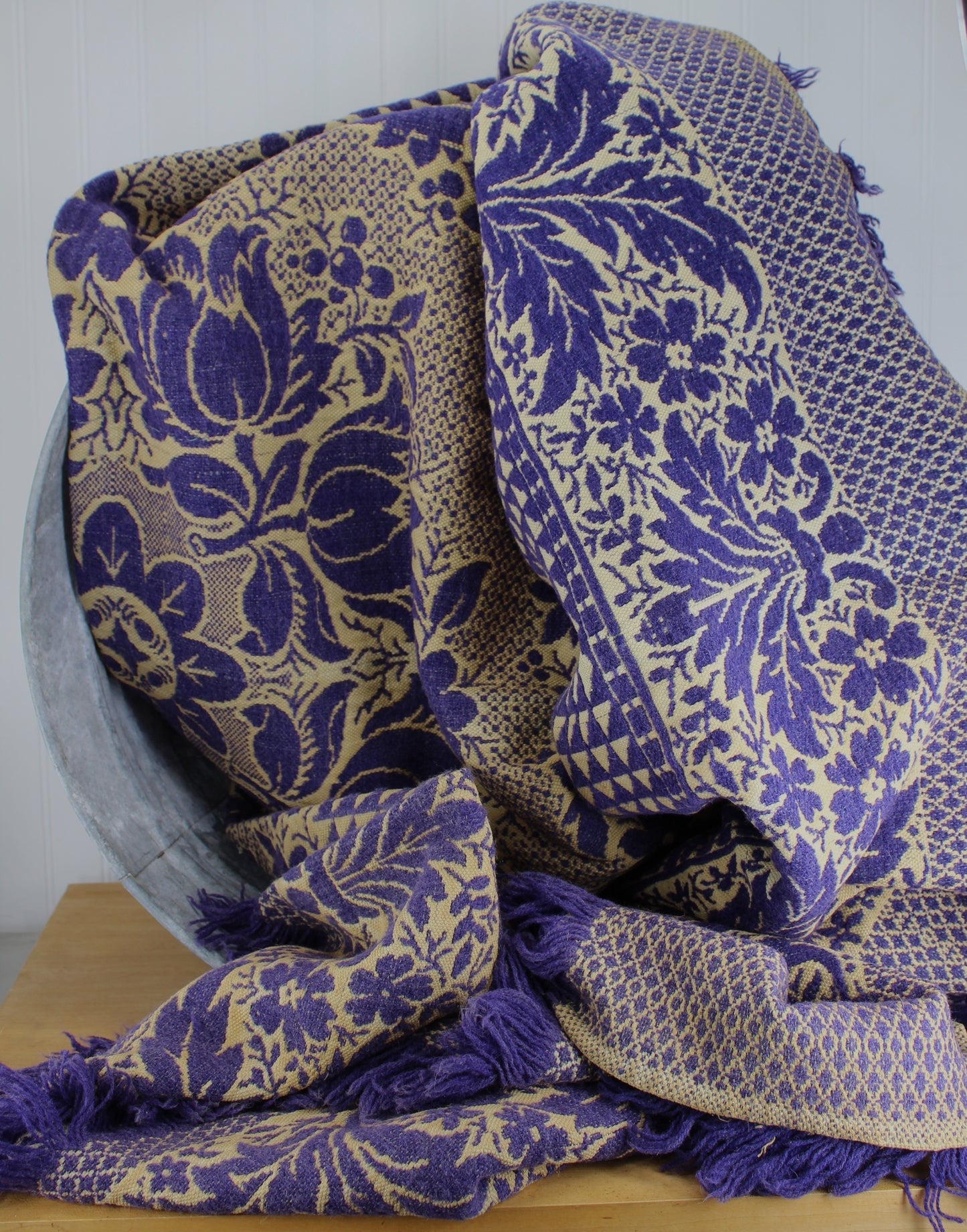 Antique Jacquard Coverlet - Indigo Purple Floral Medallion Geometric - Initials A E - Intricate All Over Design acanthus leaves