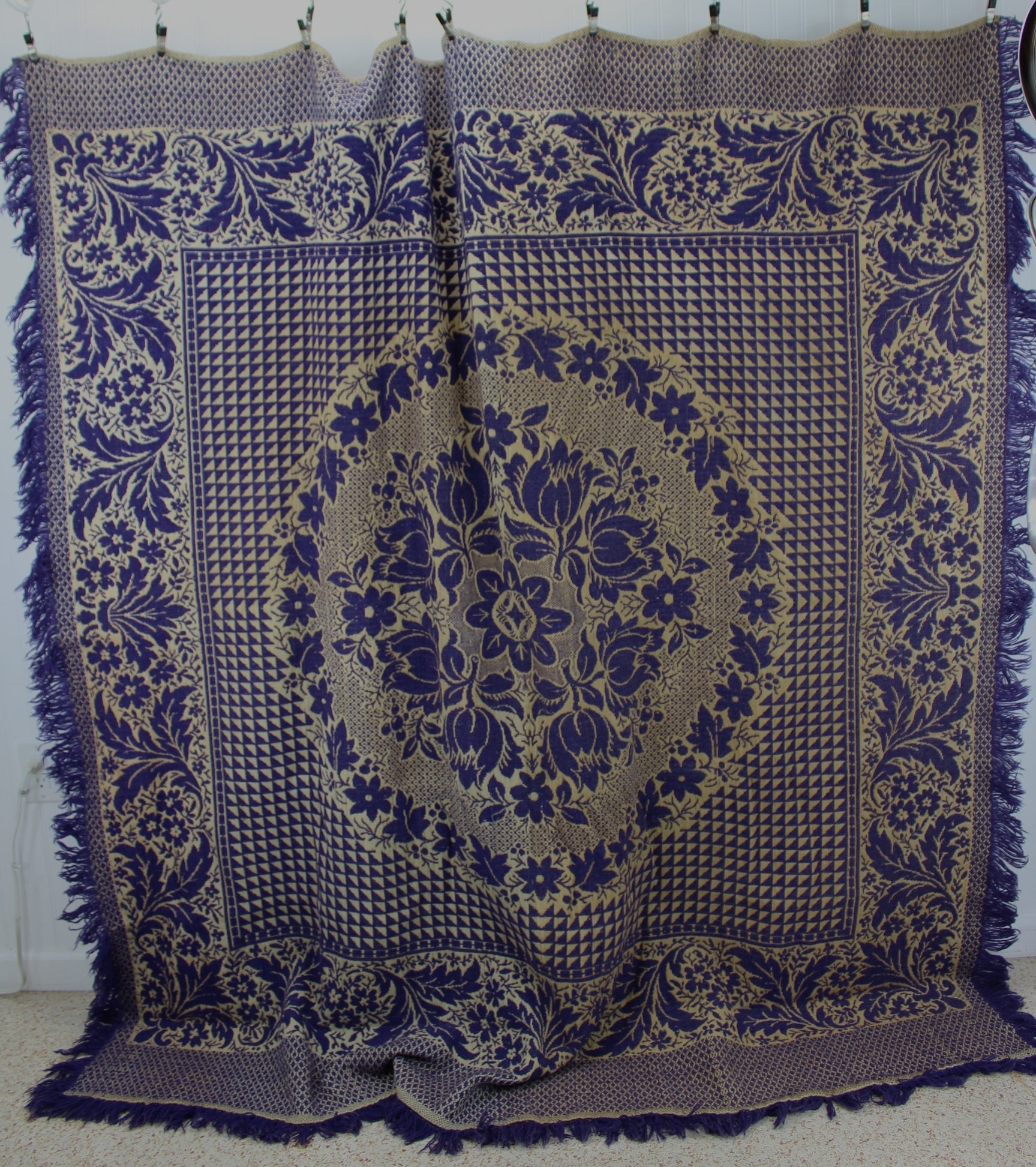 Antique Jacquard Coverlet - Indigo Purple Floral Medallion Geometric - Initials A E - Intricate All Over Design old coverlet