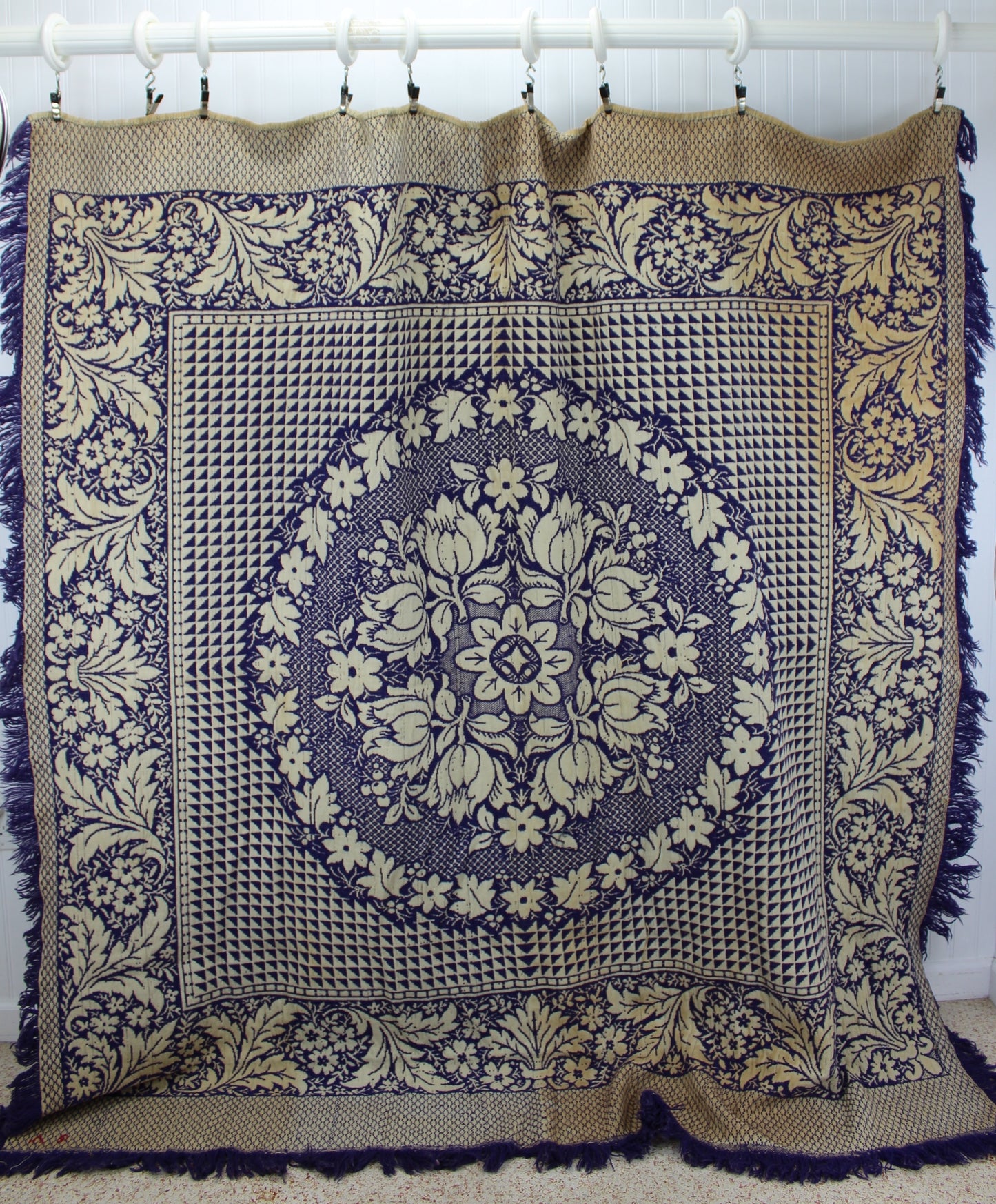 Antique Jacquard Coverlet - Indigo Purple Floral Medallion Geometric - Initials A E - Intricate All Over Design loomed antique coverlet blanket