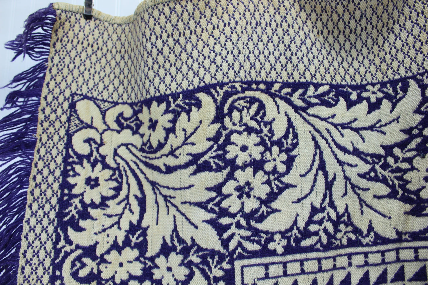Antique Jacquard Coverlet - Indigo Purple Floral Medallion Geometric - Initials A E - Intricate All Over Design summer winter light dark