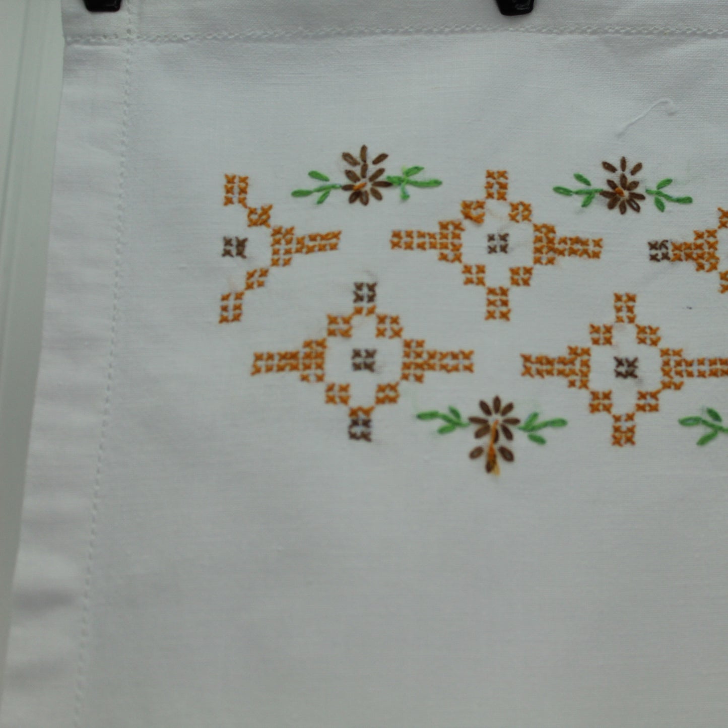 White Linen Table Runner Embroidered Flowers Cross Stitch Geometric Gold Brown Green