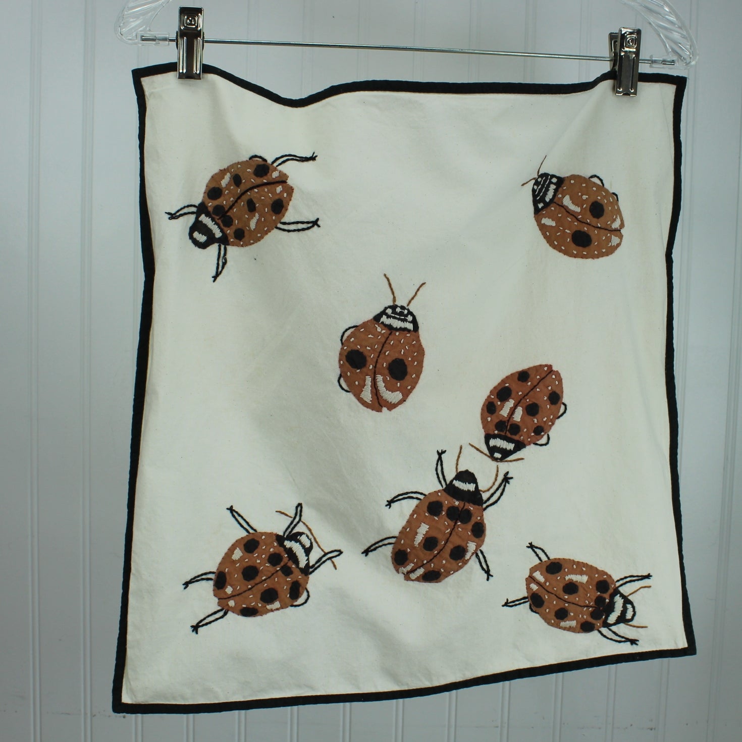 Home Front Pillow Cover Appliqued Ladybugs 100% Cotton Neutral Black Brown