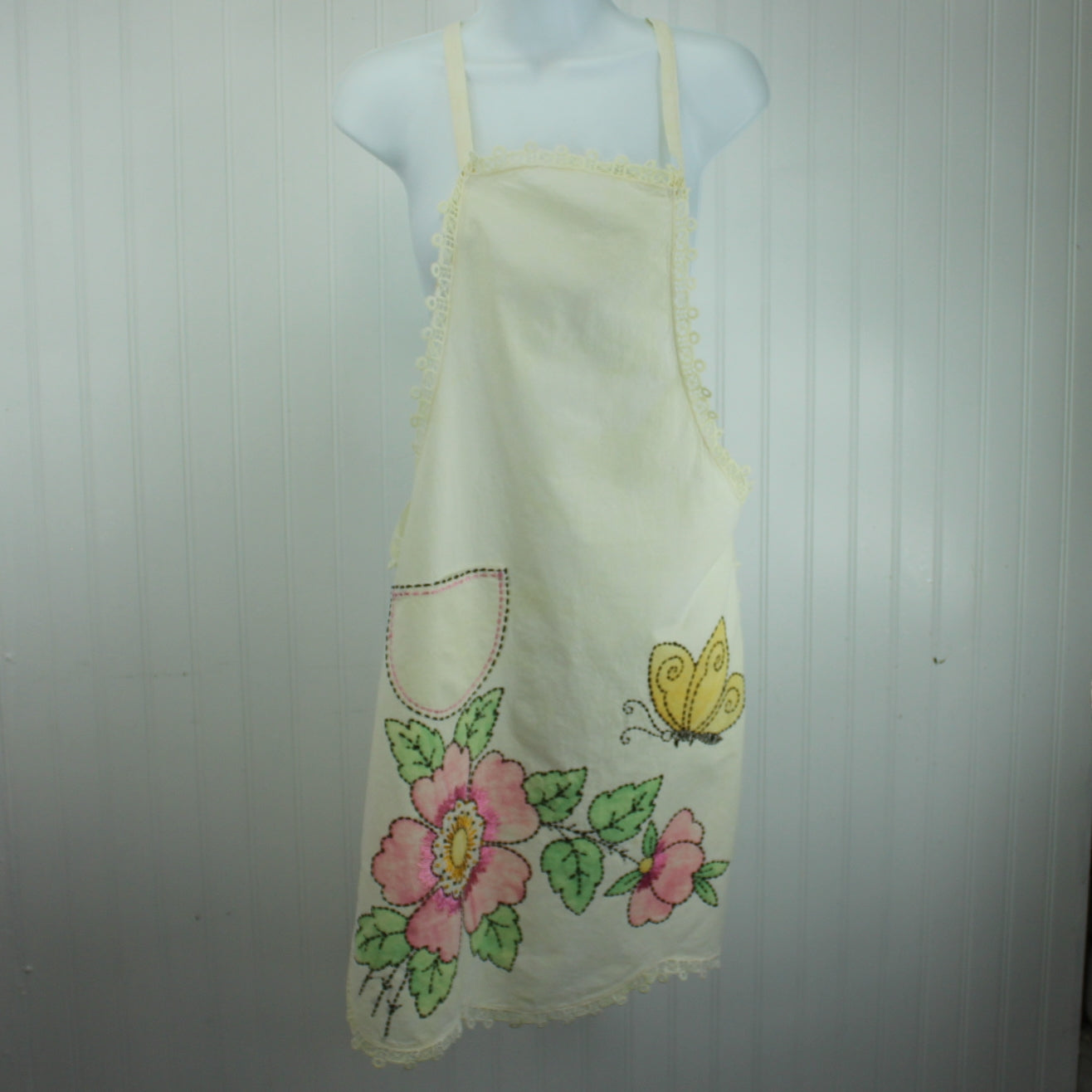 Kitchen Bib Apron 1940s Embroidered Painted Flowers Butterfly