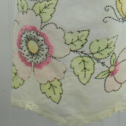 Kitchen Full Apron 1940s Painted Flowers Butterfly Embroidery Enhanced closeup