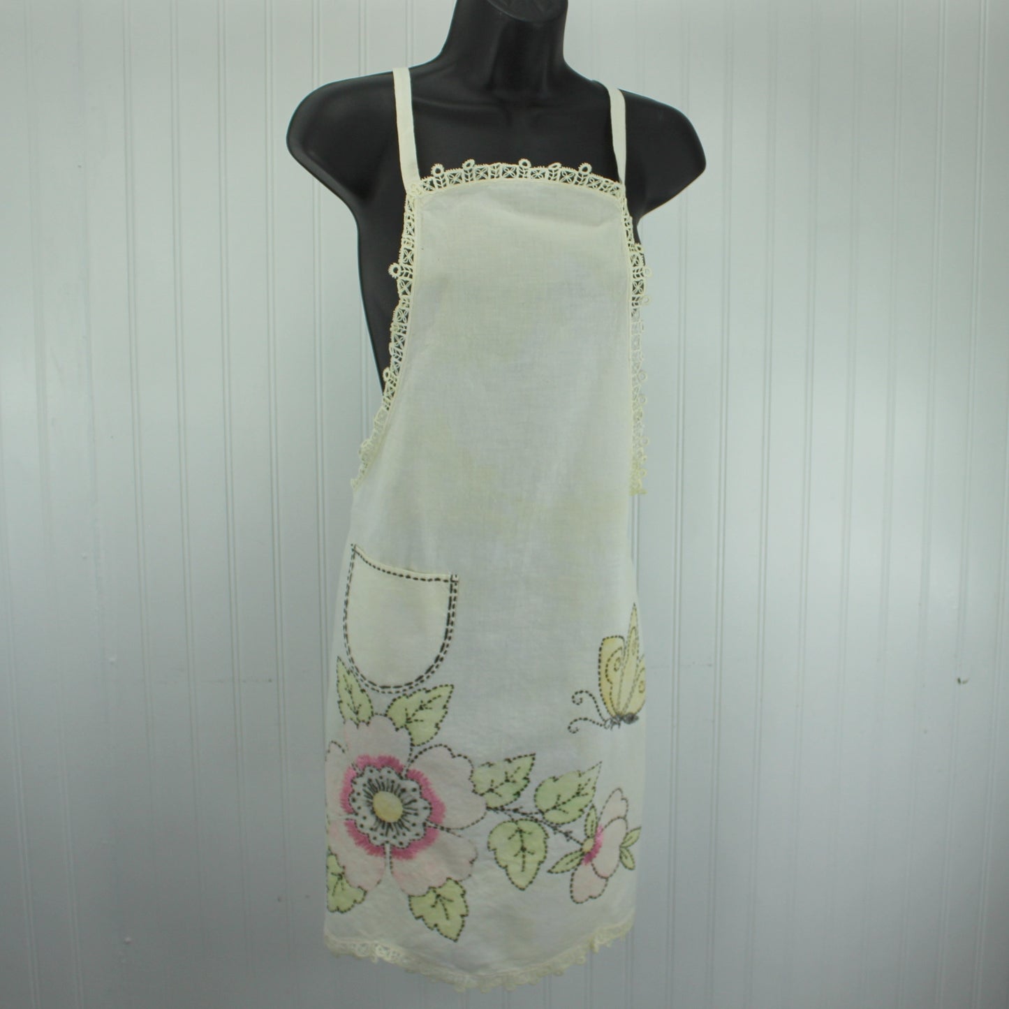 Kitchen Full Apron 1940's Painted Flowers Butterfly Embroidery Enhanced