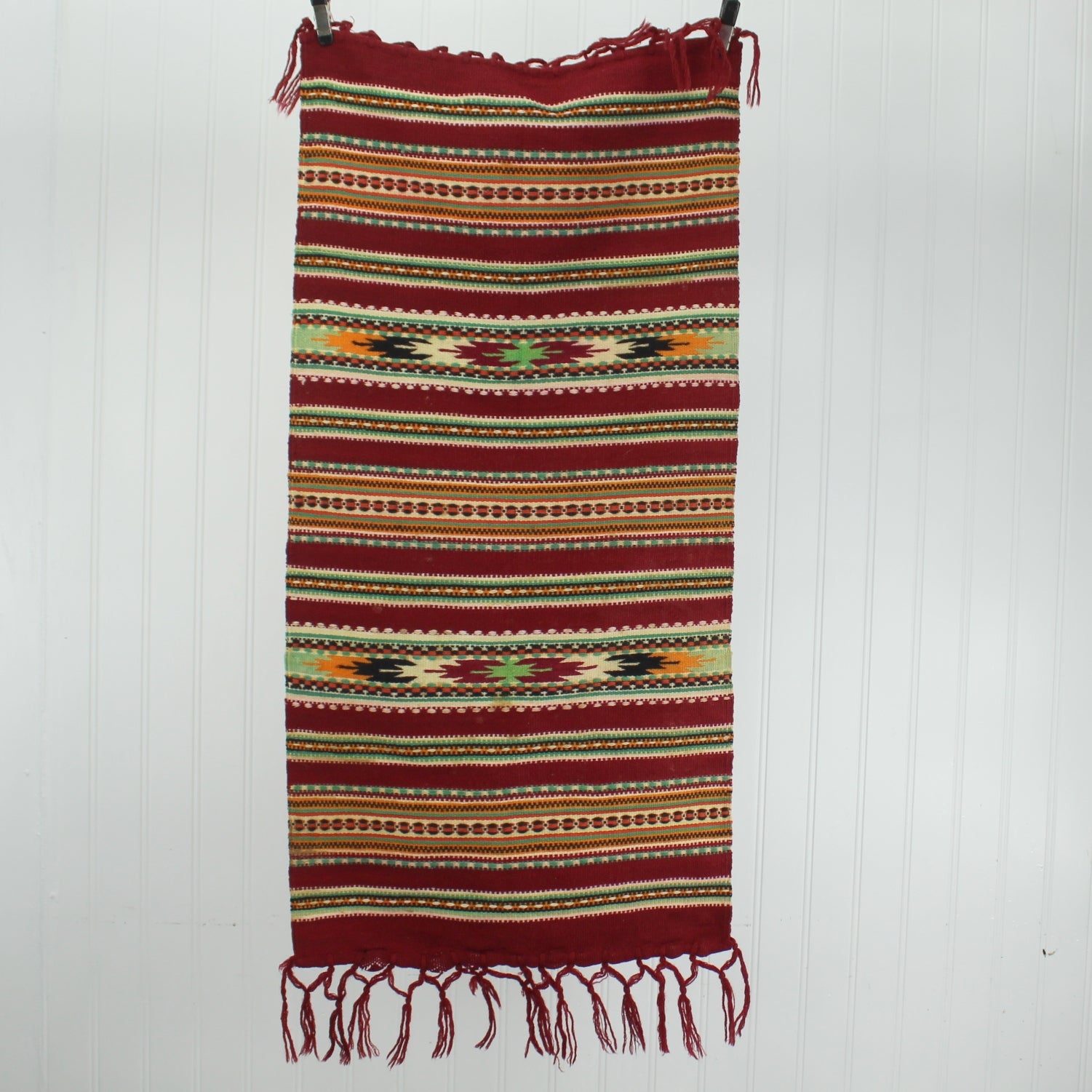 Intricate Burgundy Ukrainian Hand Made Woven Runner Maroon Green Cream Multi Color