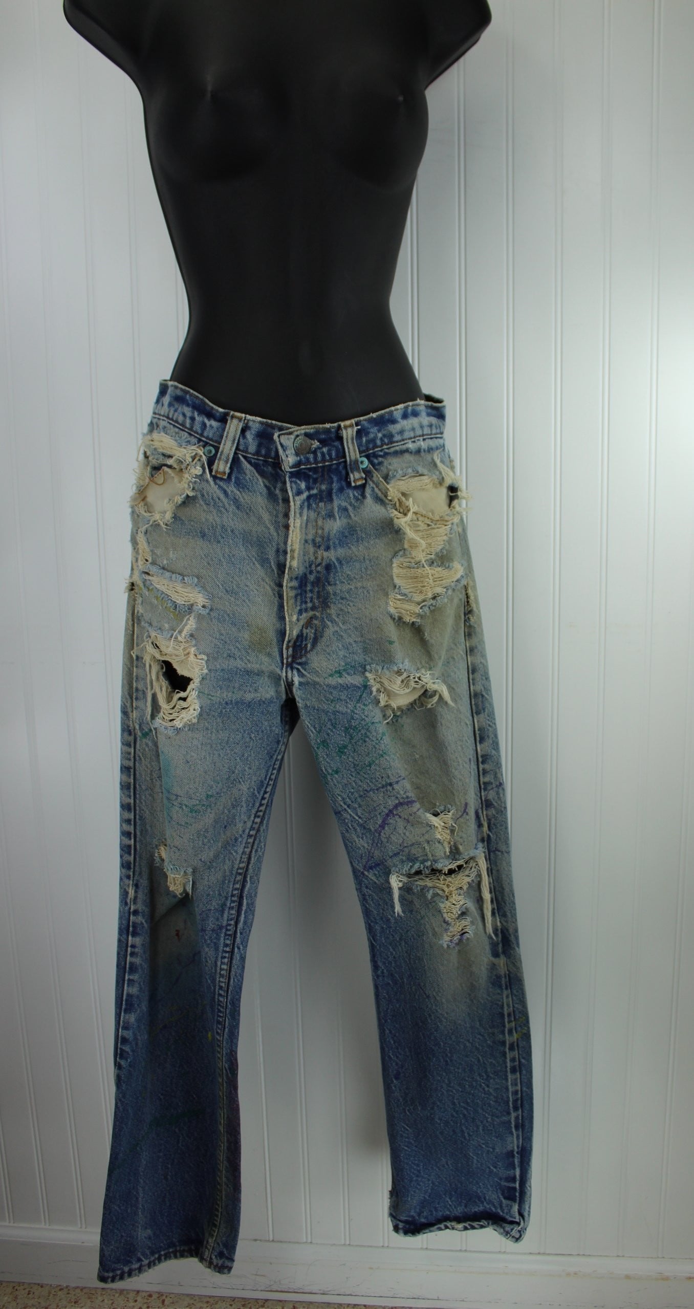 Vintage Levi's Skate Boarder Superbly Distressed Painted Jeans - Early 1990s - Waist 30" Orange Tab