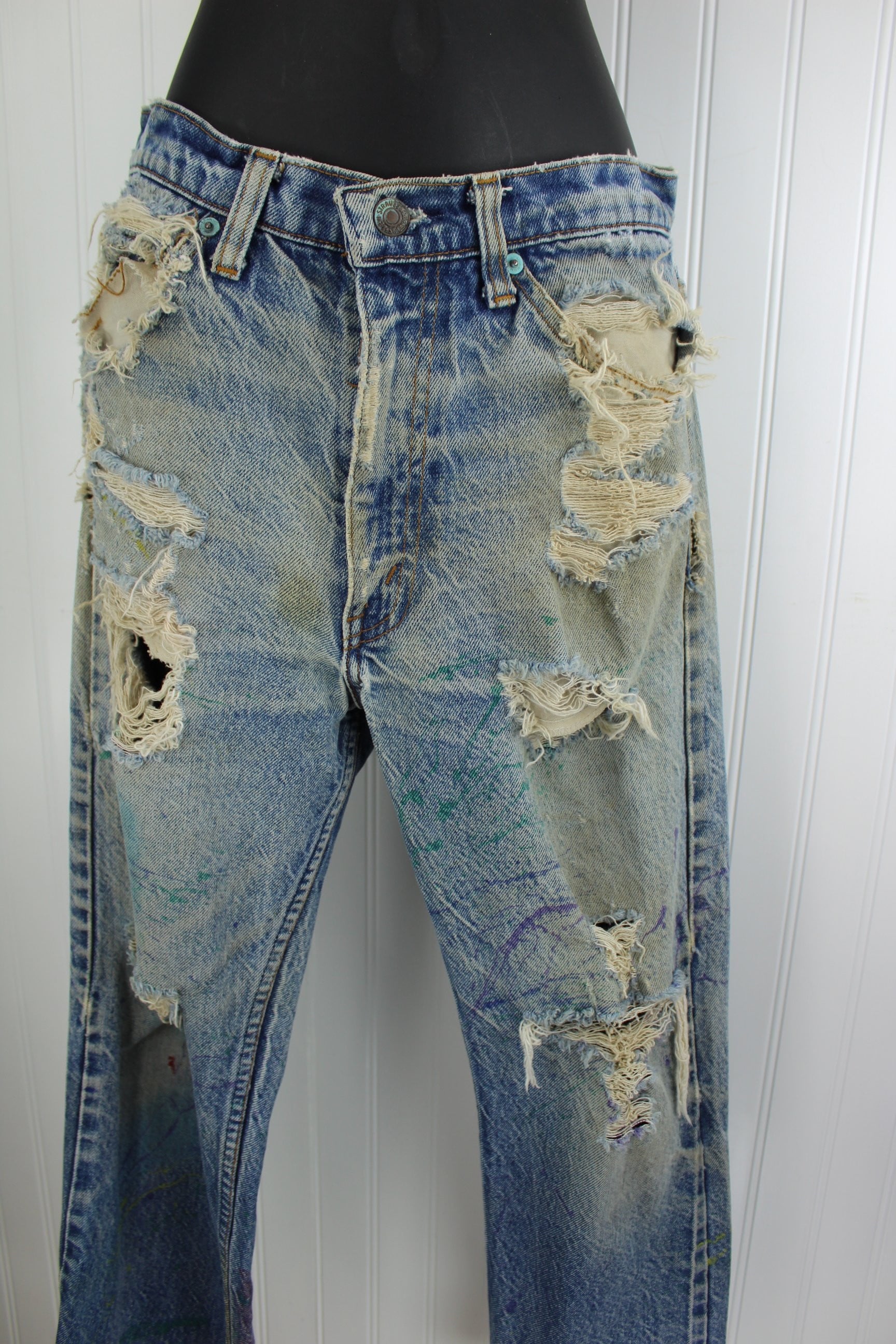 Vintage Levi's Skate Boarder Superbly Distressed Painted Jeans - Early 1990s - Waist 30" Orange Tab one of kind