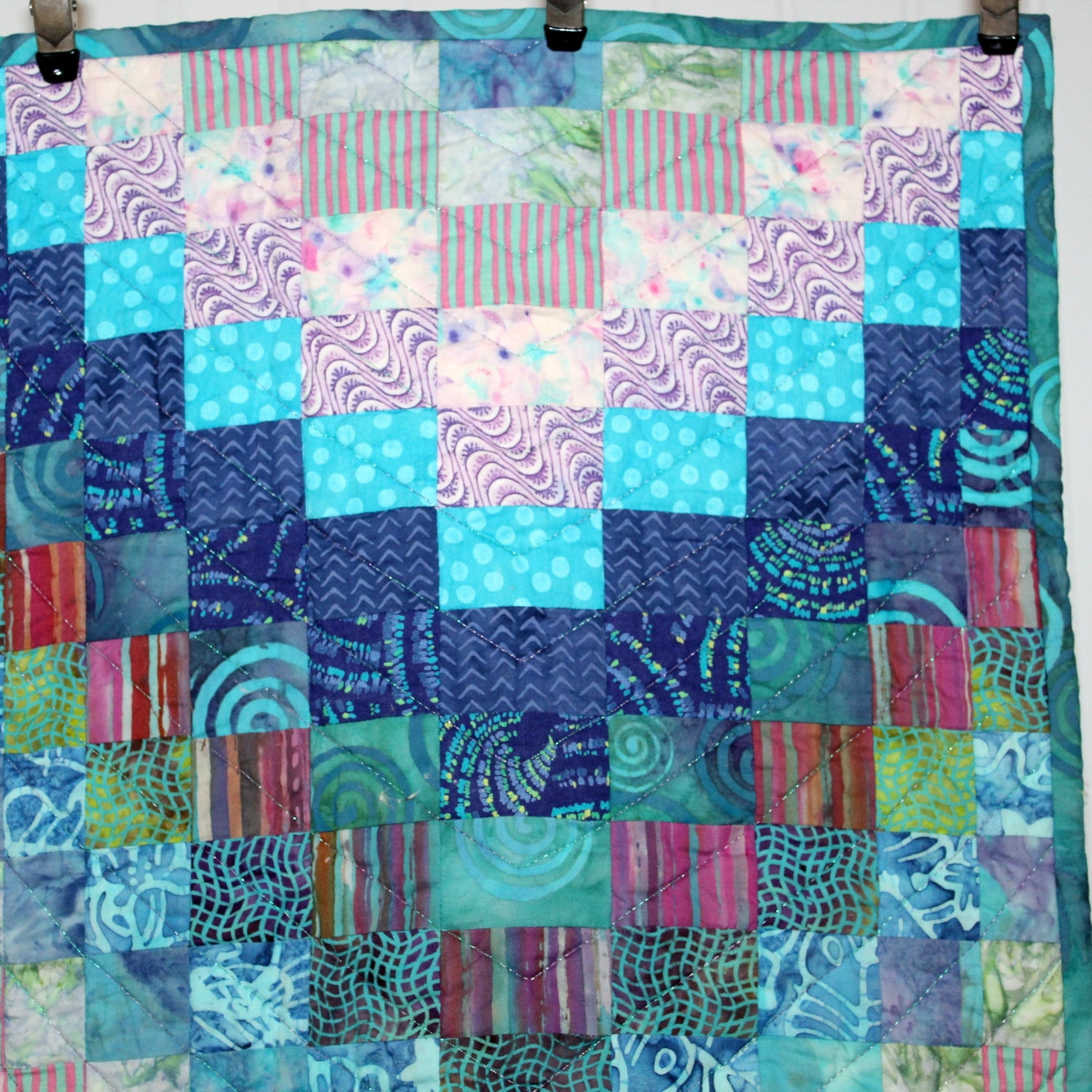 Quilted Wall Hanging "Fish Playground" Signed Blues Aqua 18" X 28" wonderful color combinations