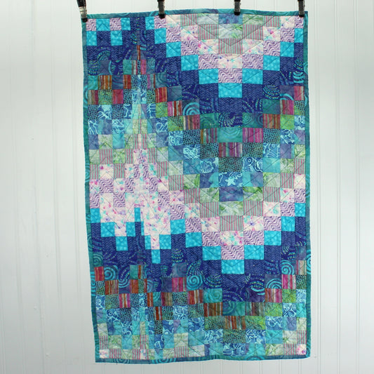 Quilted Wall Hanging "Fish Playground" Signed Blues Aqua 18" X 28"