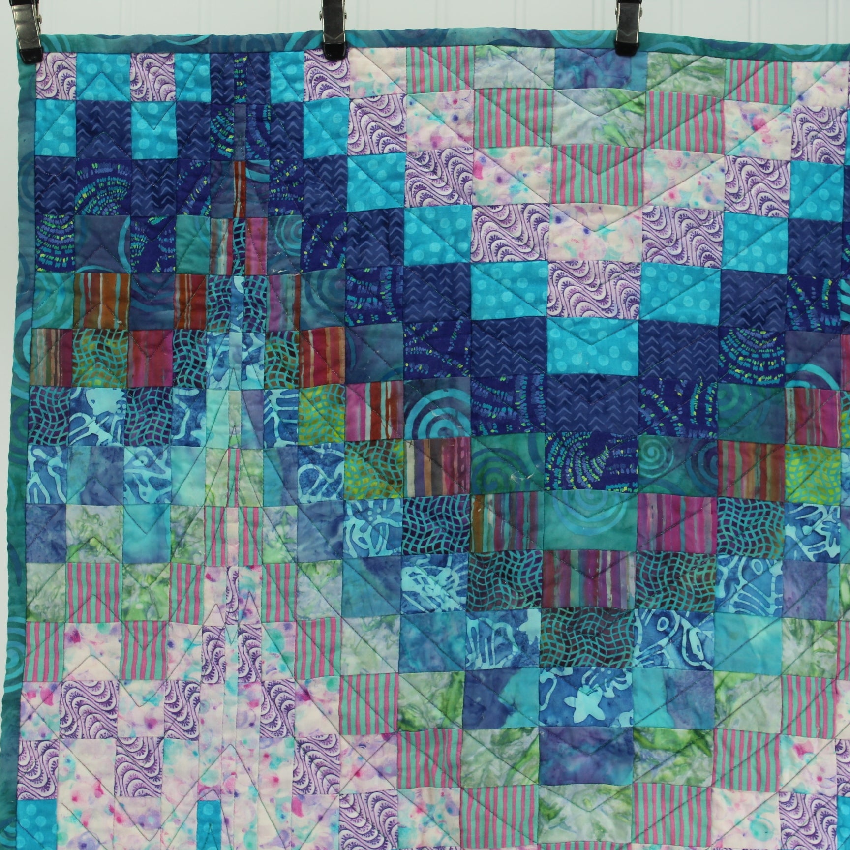 Quilted Wall Hanging "Fish Playground" Signed Blues Aqua 18" X 28" colors of the sea