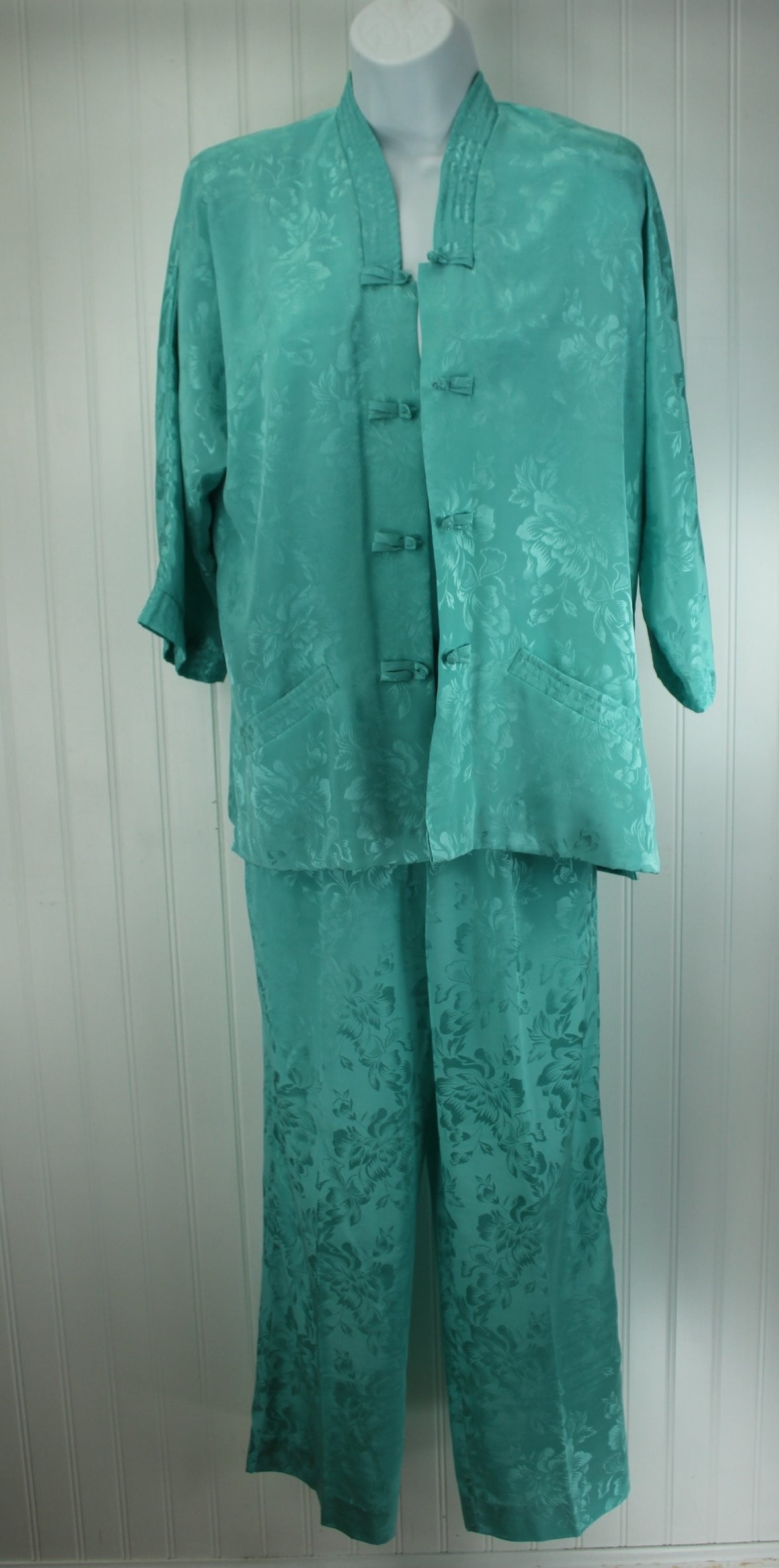 Polynesian Casuals Hawaii Charming Vintage Lounge Pants Suit  - Turquoise Aqua Polyester