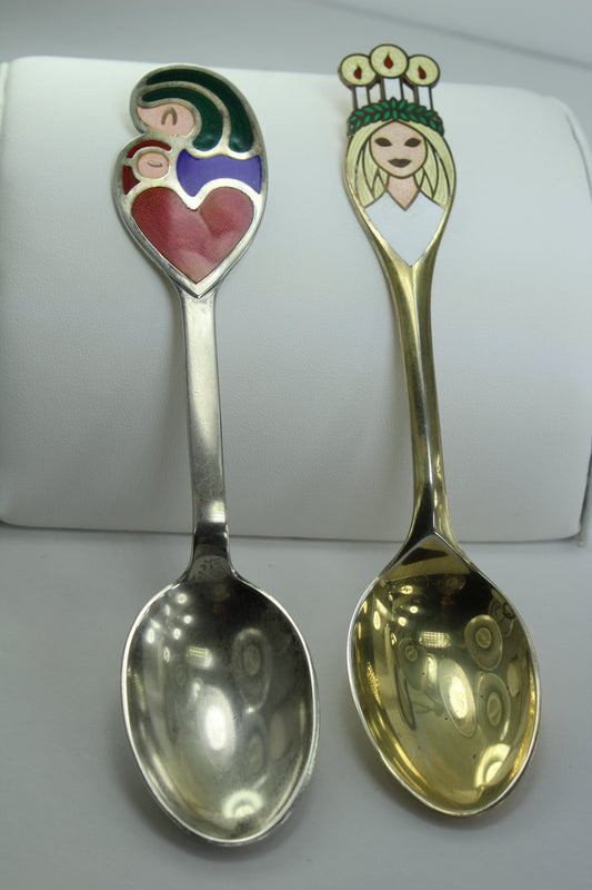 Sterling Spoons 2 Michelsen Denmark Enamel Madonna Child1968  Lucia Bride 1959