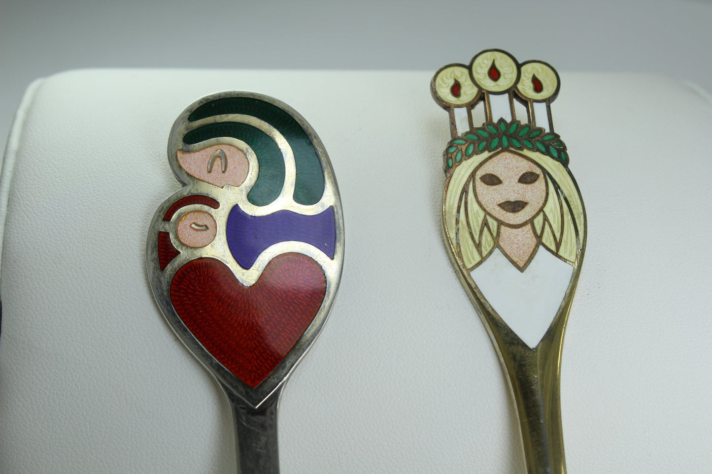 Sterling Spoons 2 Michelsen Denmark Enamel Madonna Child 1968  Lucia Bride 1959 angel