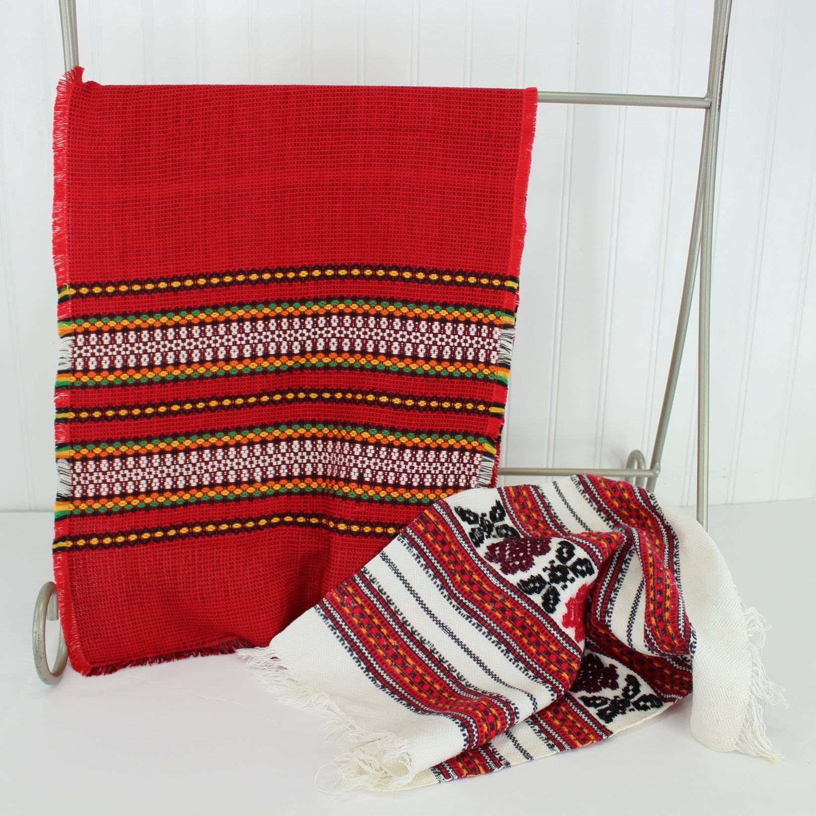 Classic 2 Pieces Ukraine Hand Made Woven Rectangular Runners Wearables Red White Black Vintage