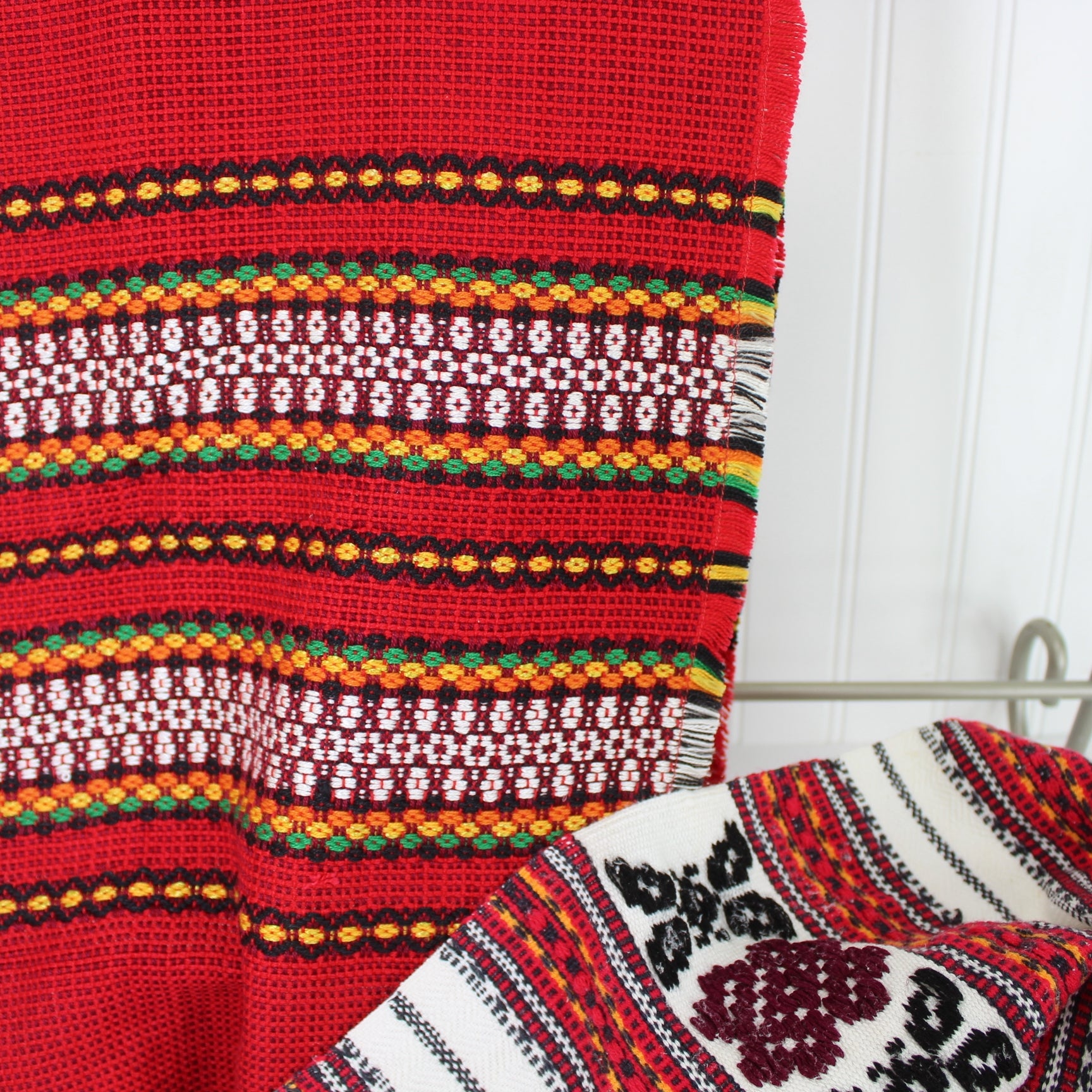 Classic 2 Pieces Ukraine Hand Made Woven Rectangular Runners Wearables Red White Black closeups of fiber