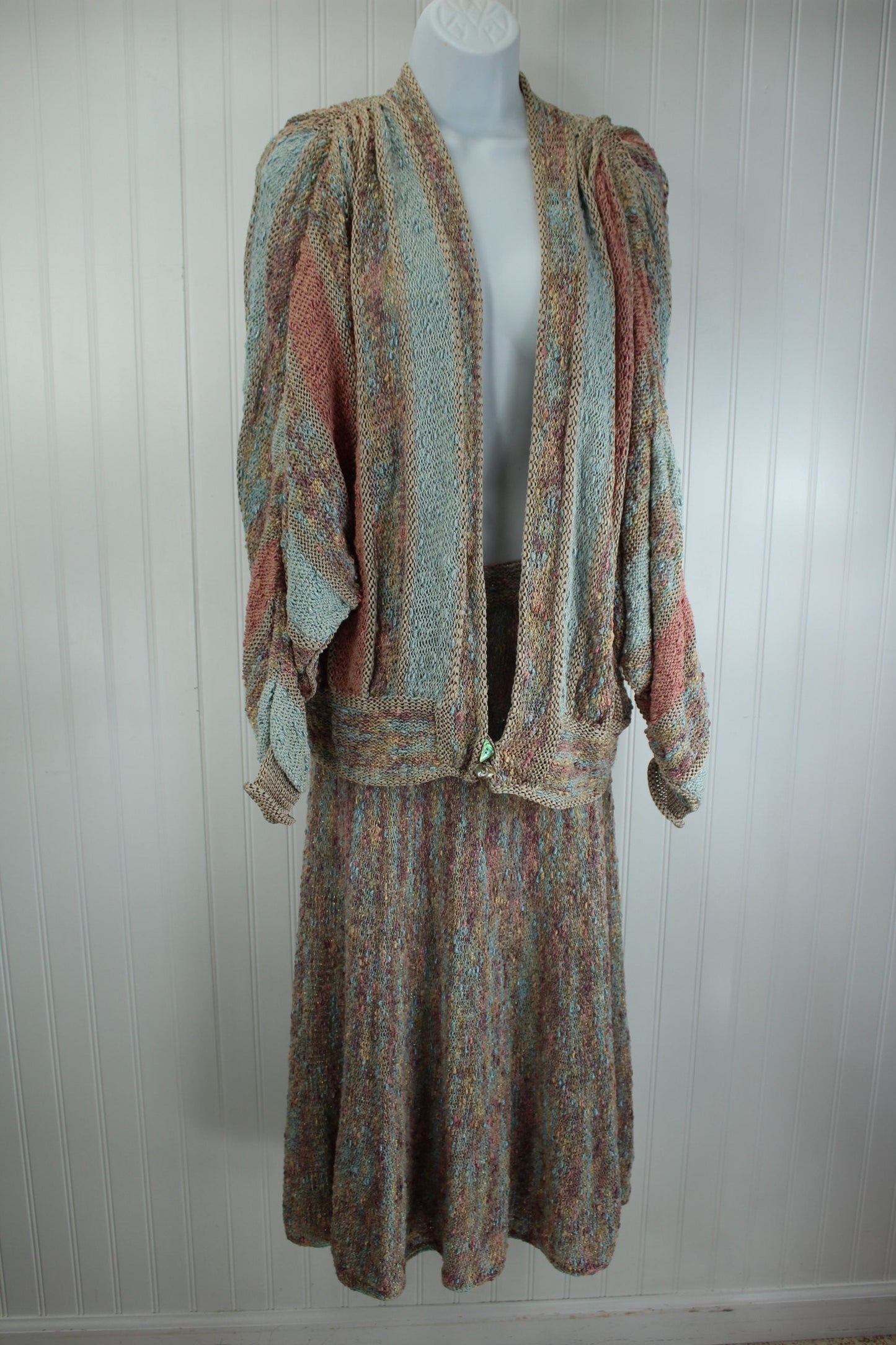 Haute Couture Knit Pastel Ribbon Metallic Yarn Vintage Suit - Jutta Mitchell North Bend Oregon beaautiful on body