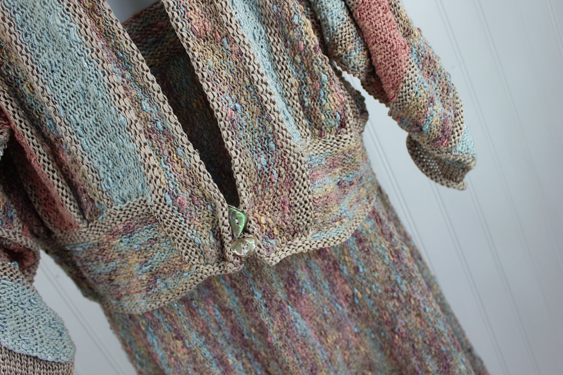 Haute Couture Knit Pastel Ribbon Metallic Yarn Vintage Suit - Jutta Mitchell North Bend Oregon lovely colors
