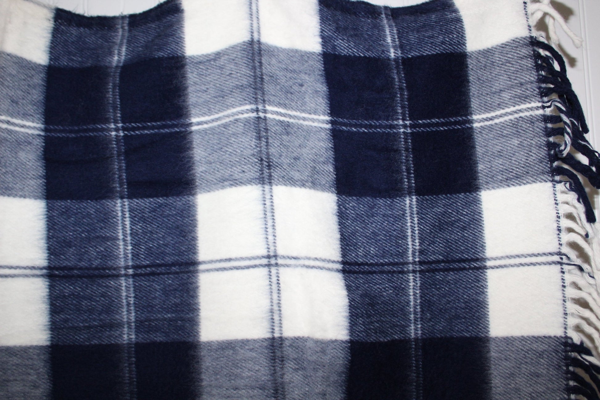 Thomas Swain Acrylic Throw Blanket - Navy White Plaid w/Leather Harness - 50" X 51" USA collectible