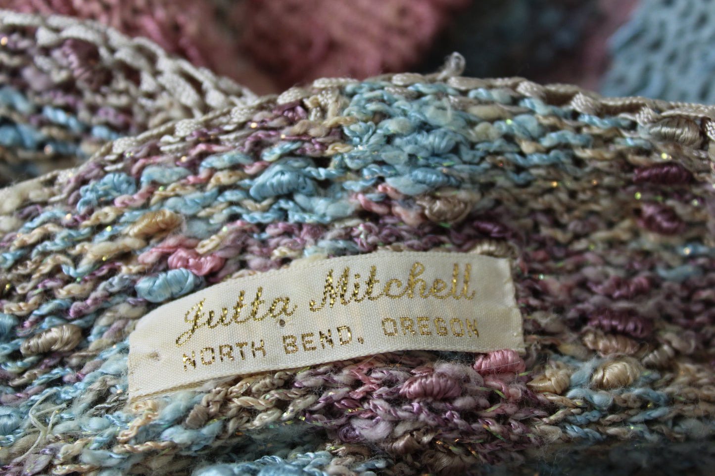 Haute Couture Knit Pastel Ribbon Metallic Yarn Vintage Suit - Jutta Mitchell North Bend Oregon excellent craftsmanship