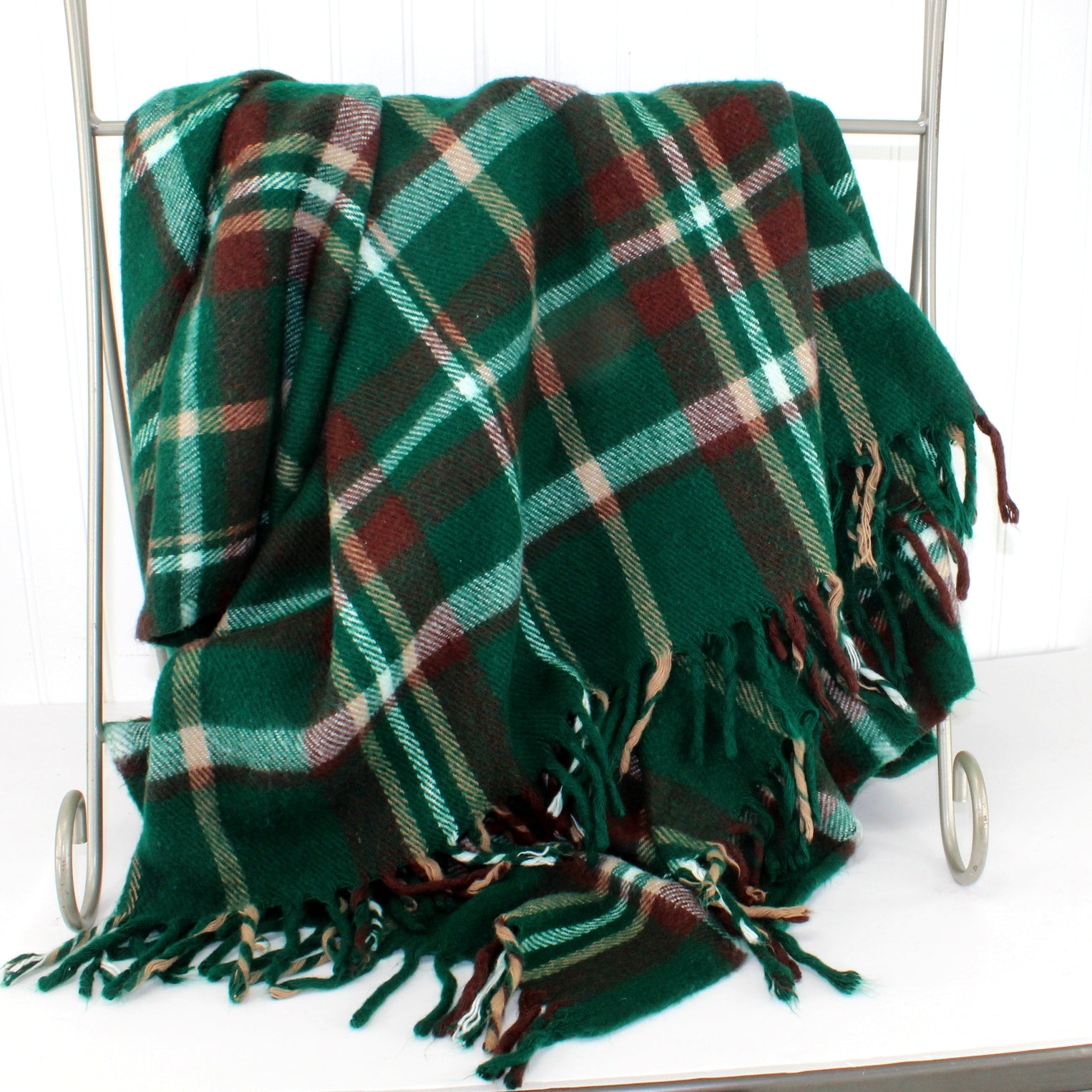 Faribo Acrylic Throw Brown Green White Plaid  53" X 54" + Fringe Unusually Nice