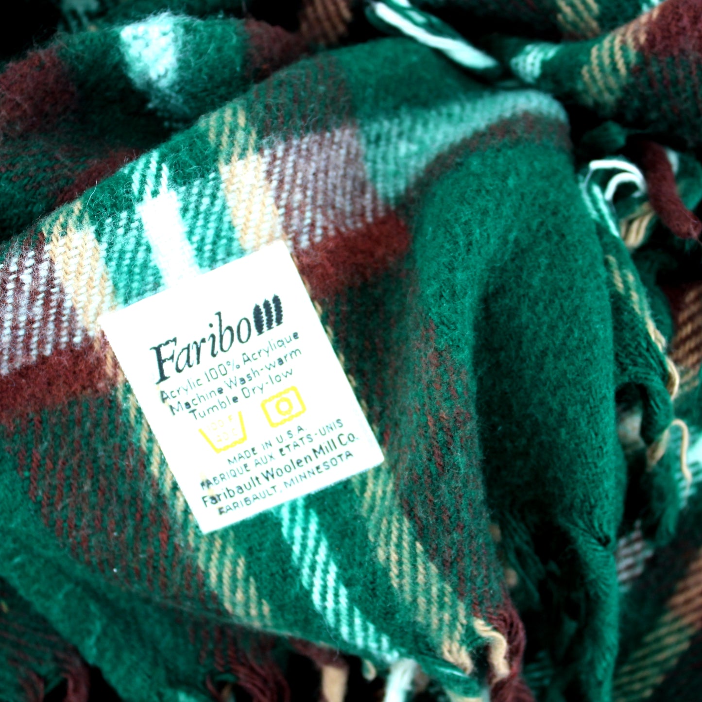 Faribo Acrylic Throw Brown Green White Plaid  53" X 54" + Fringe Unusually Nice orig maker care tag