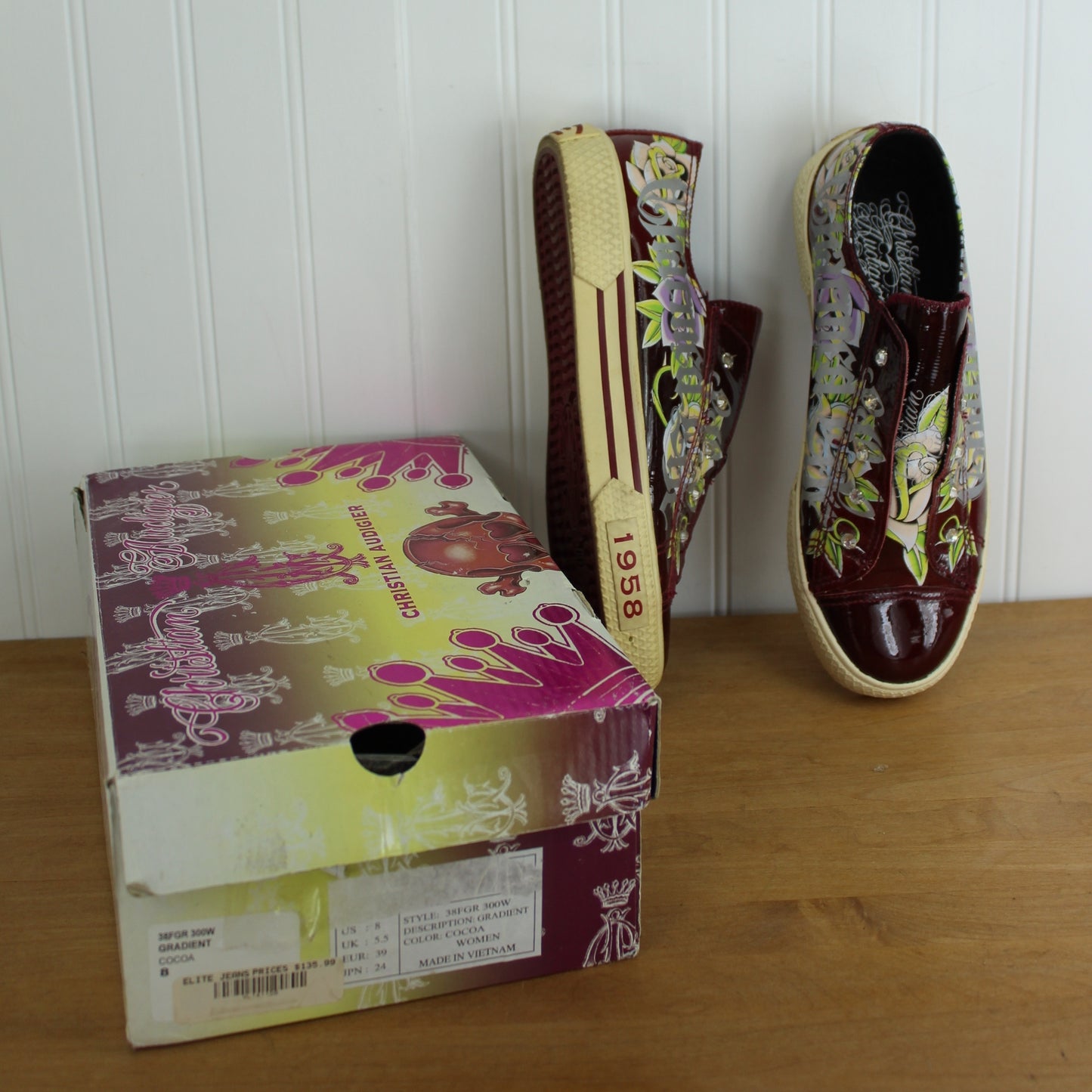 Christian Audigier Leather Shoes 195 Est. Charmed Life Skull Crossbones Rhinestones Flowers Women's 8