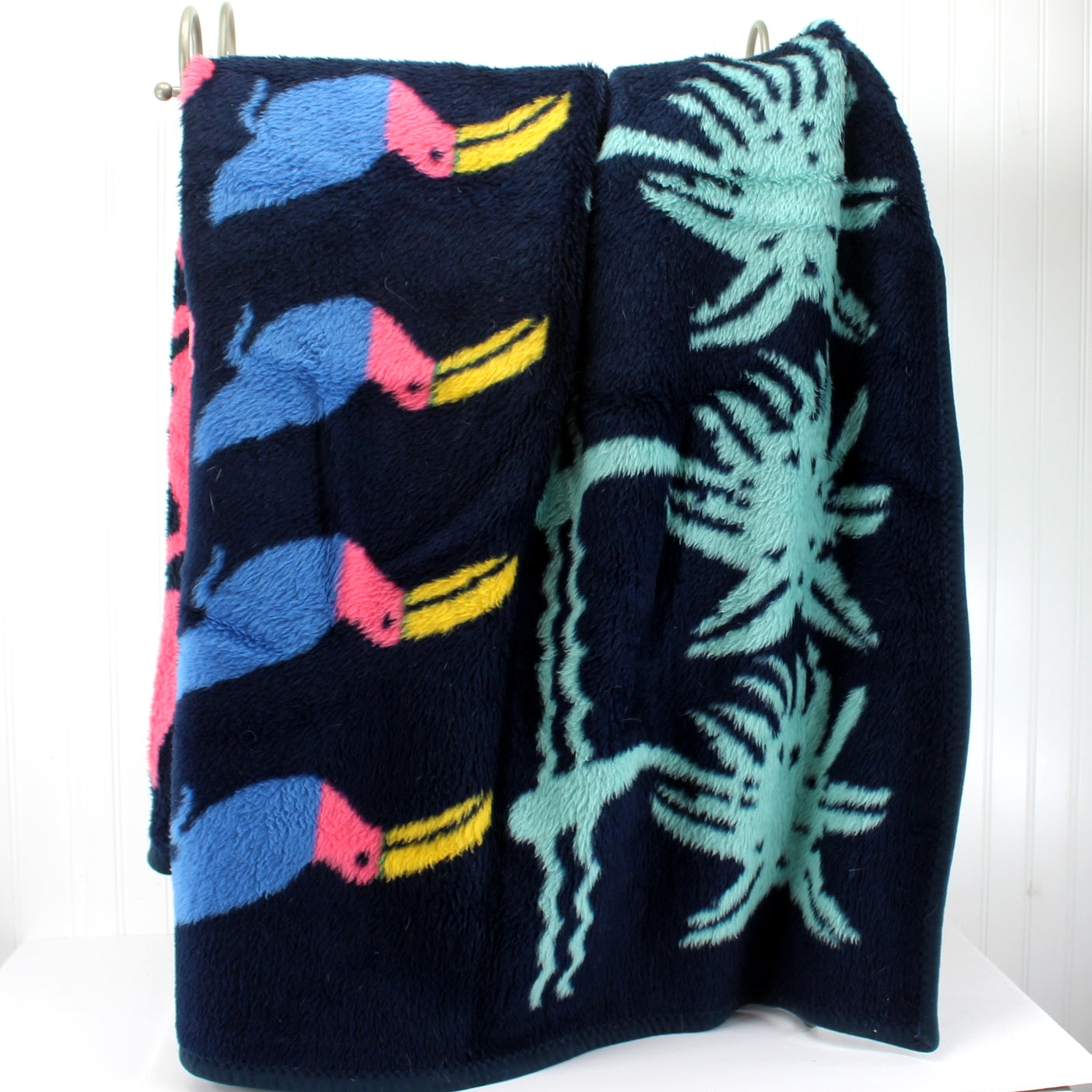 Fun Tropical Acrylic Throw Blanket Toucans Alligators Flamingos 58" X 80" rows of animals palms