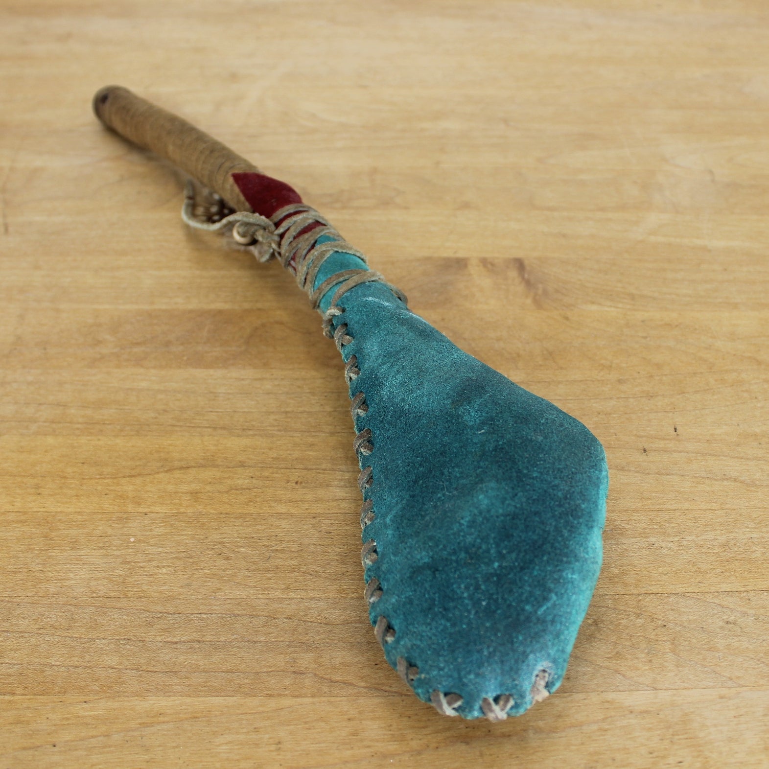 Native American Style Dance Rattler Shaker Turquoise Suede Feather Beads not new souvenir