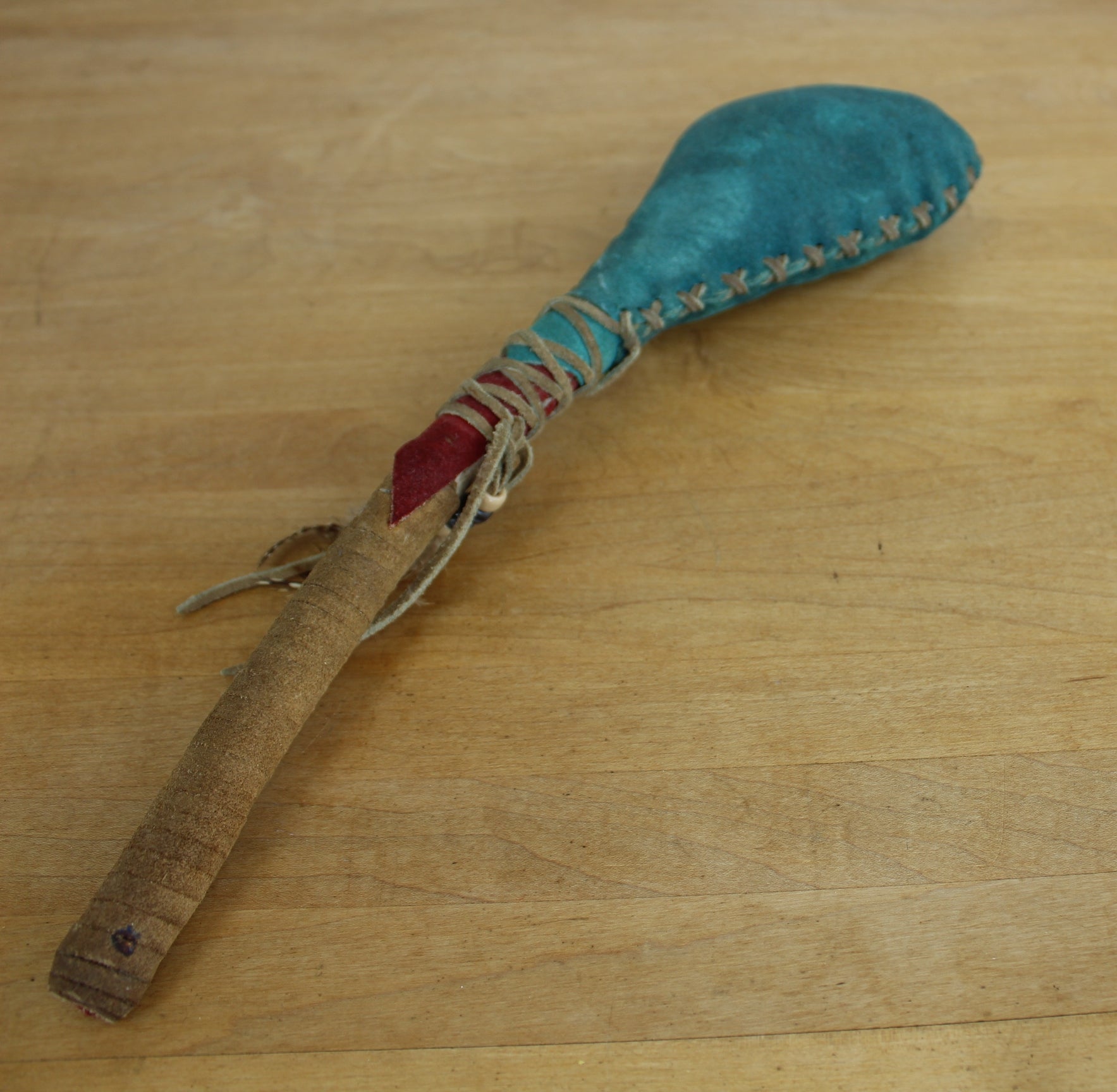 Native American Style Dance Rattler Shaker Turquoise Suede Feather Beads