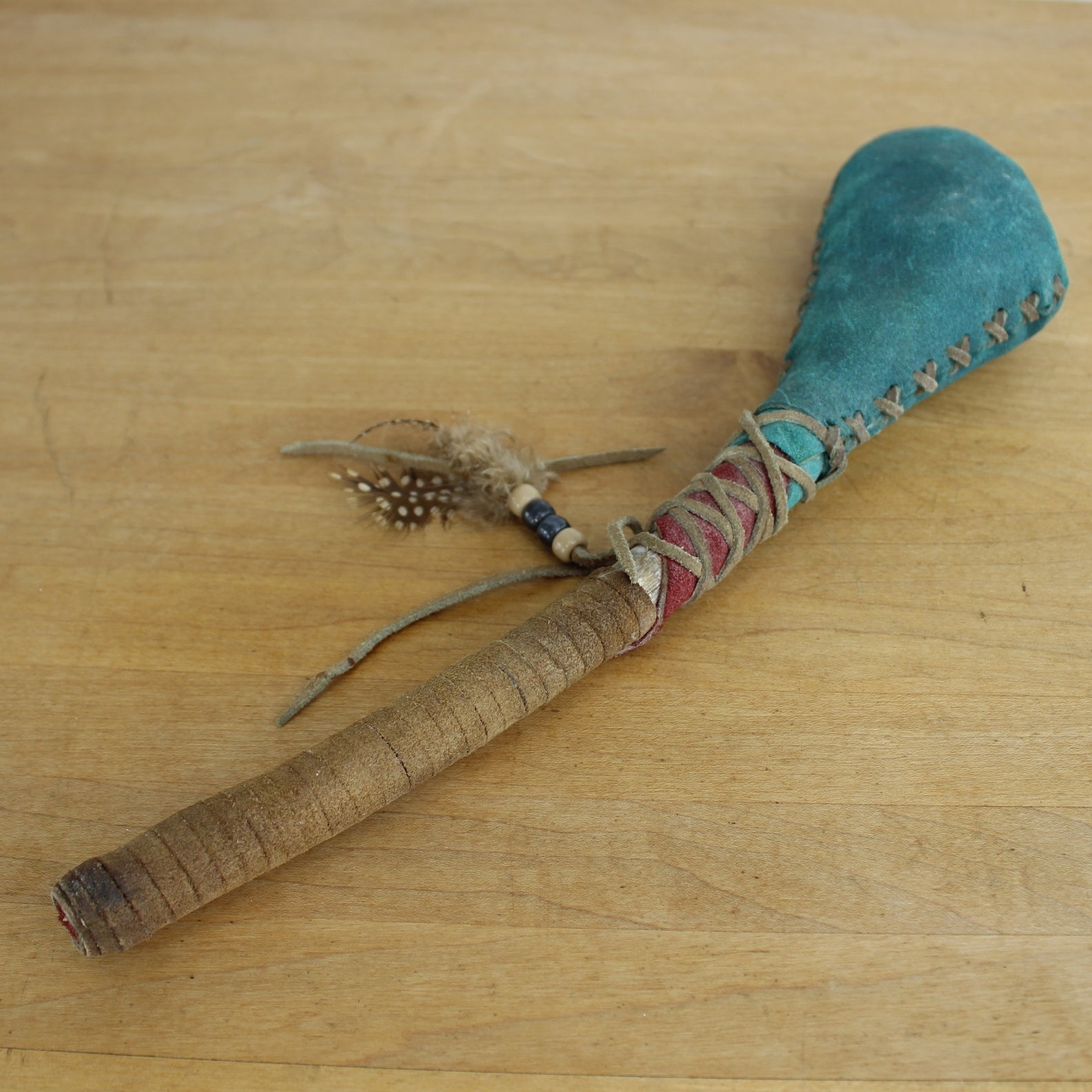 Native American Style Dance Rattler Shaker Turquoise Suede Feather Beads intact well made