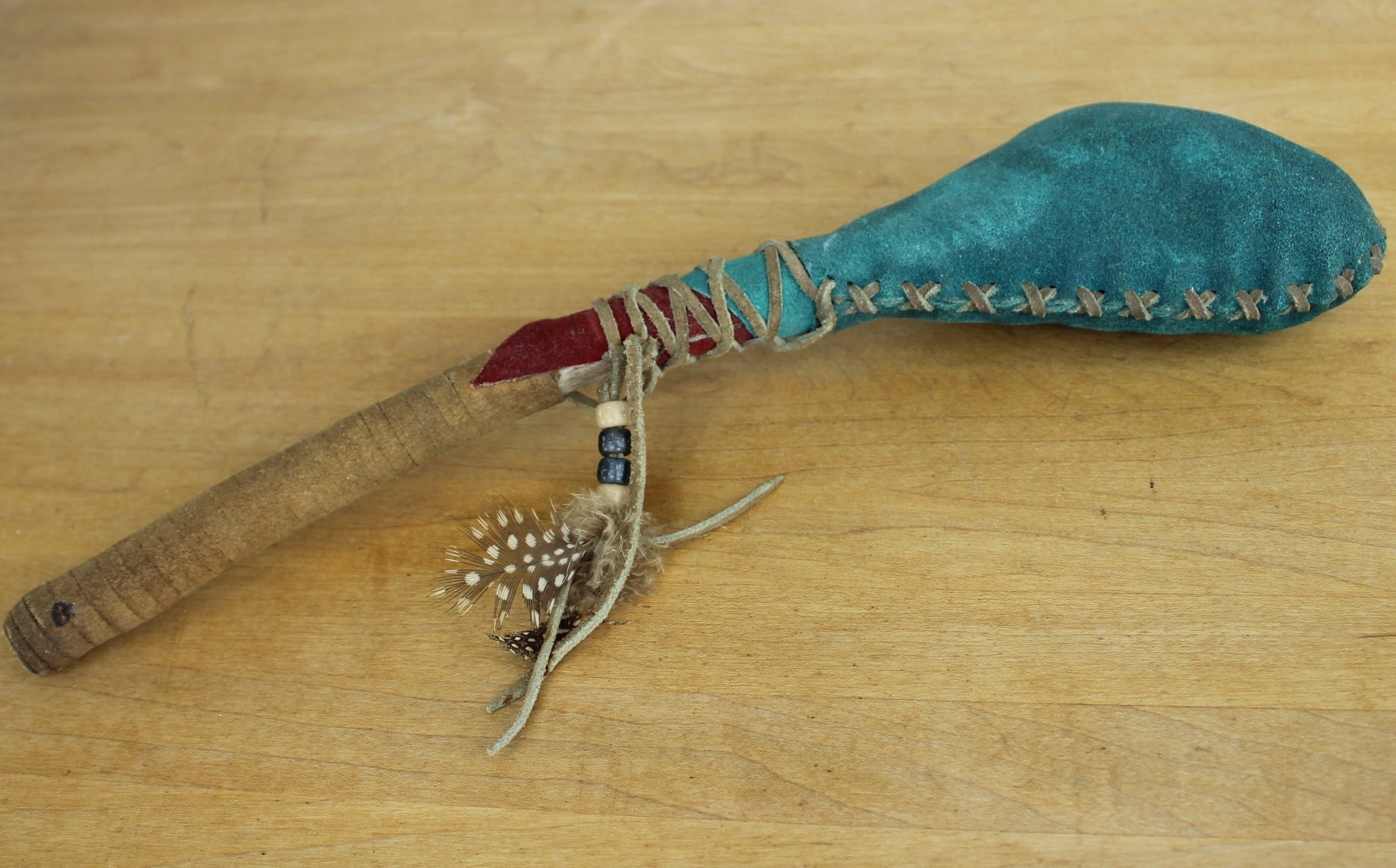 Native American Style Dance Rattler Shaker Turquoise Suede Feather Beads well crafted