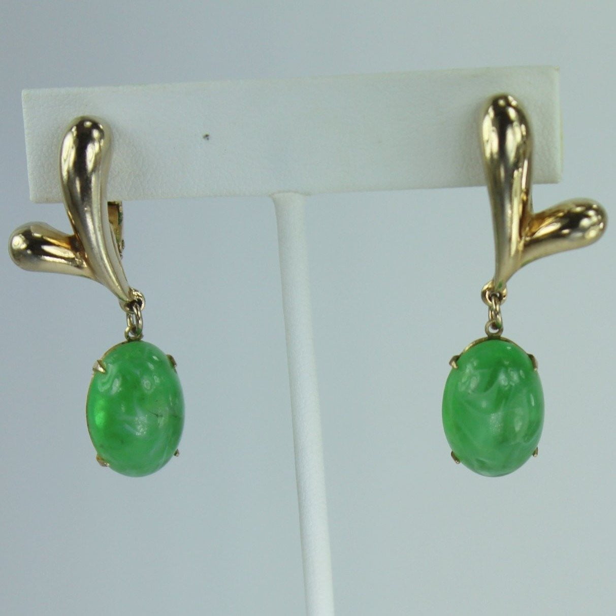Jadeite Clip Earrings Gold Tone Dangle Large Oval Stone drop style