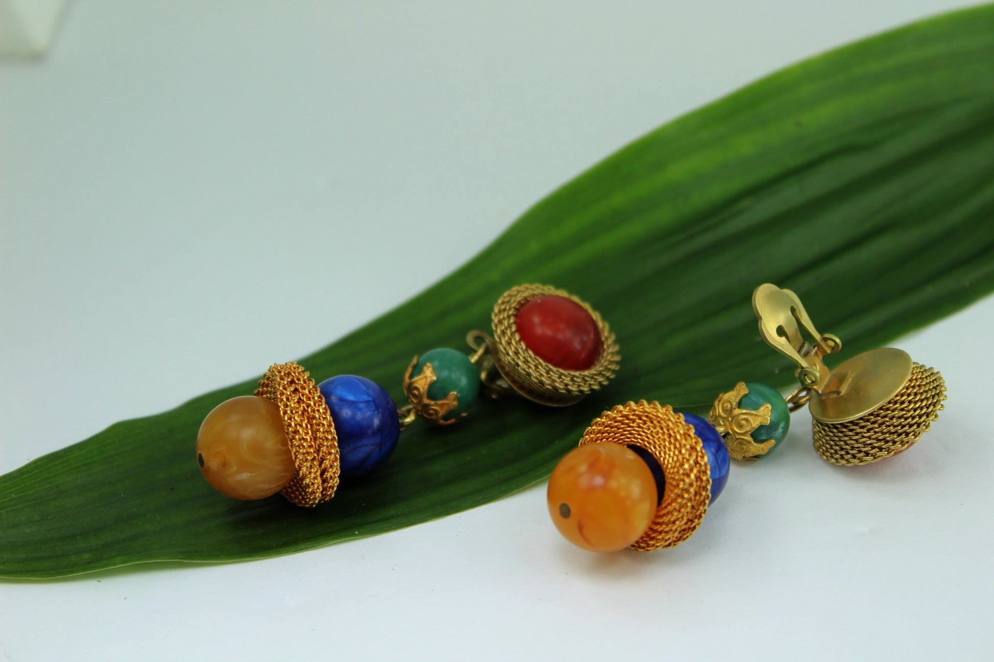 Long Artisan Earrings Stones Blue Green Amber Beautifully Crafted excellent