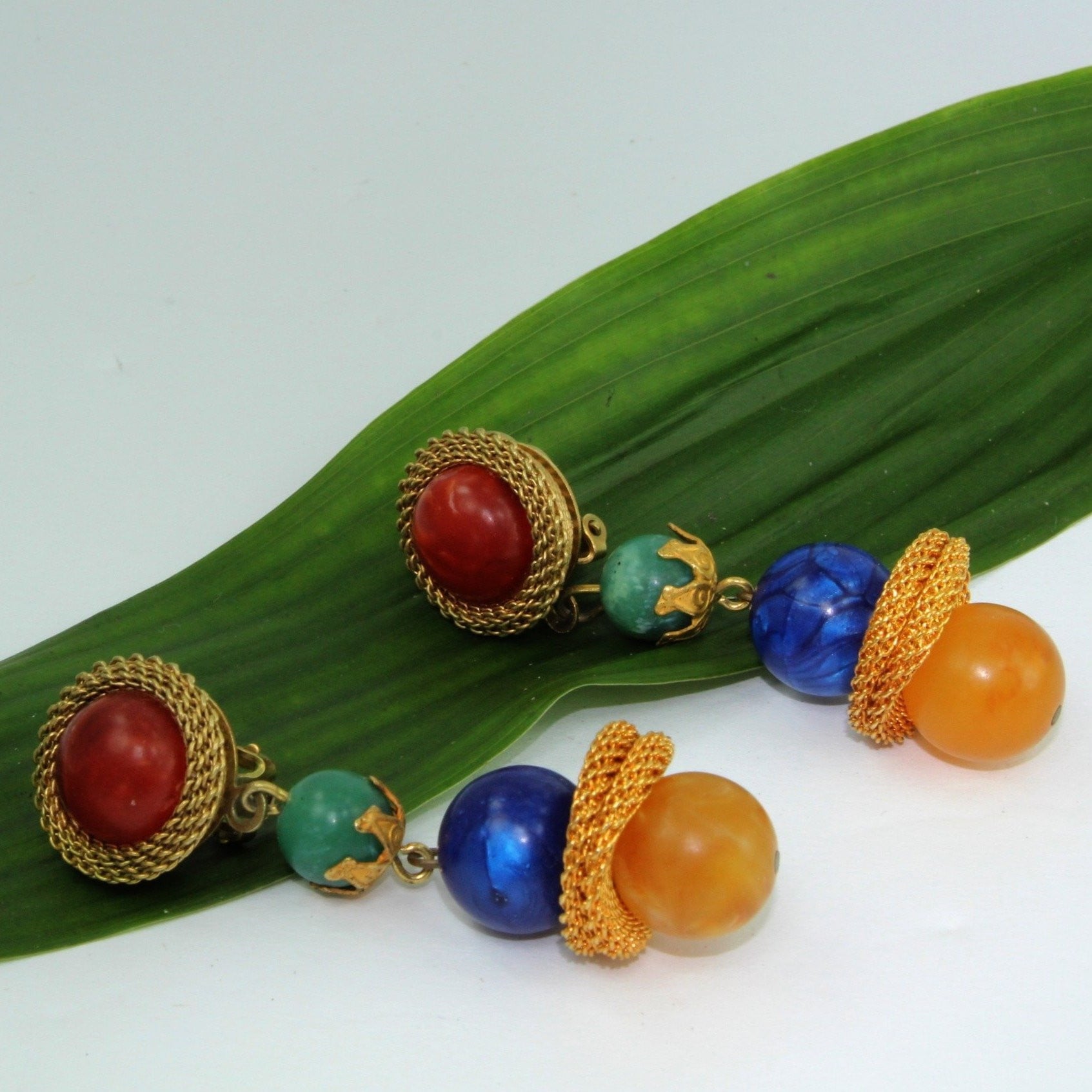 Long Artisan Earrings Stones Blue Green Amber Beautifully Crafted