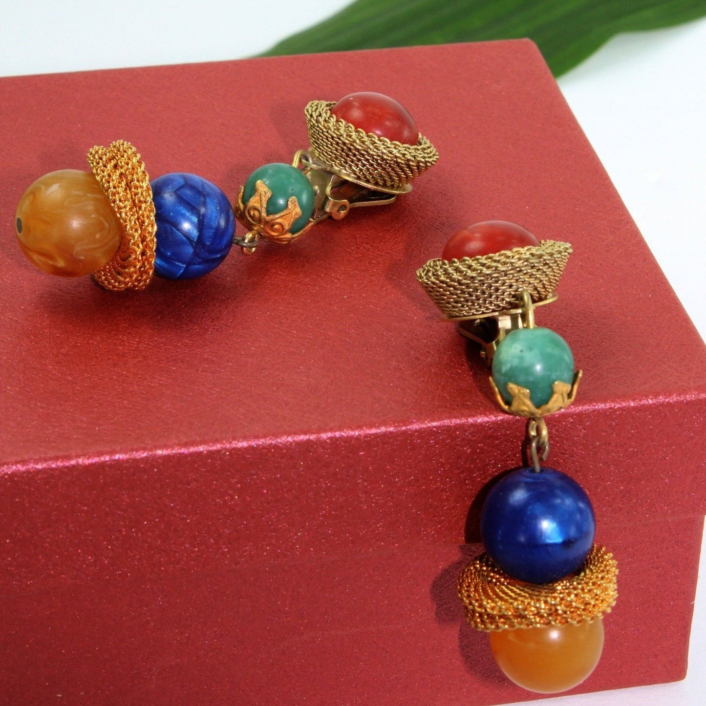 Long Artisan Earrings Stones Blue Green Amber Beautifully Crafted unusual