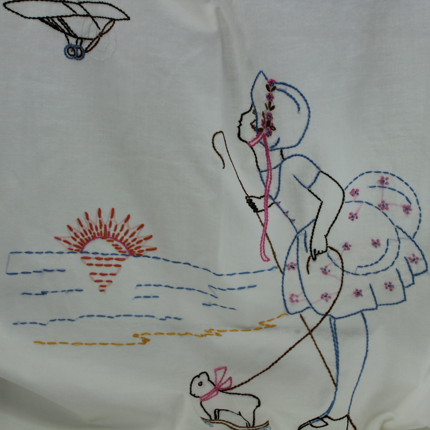 Unfinished Embroidered 1940s Sunbonnet Sue Panel Cotton Fabric toy lamb