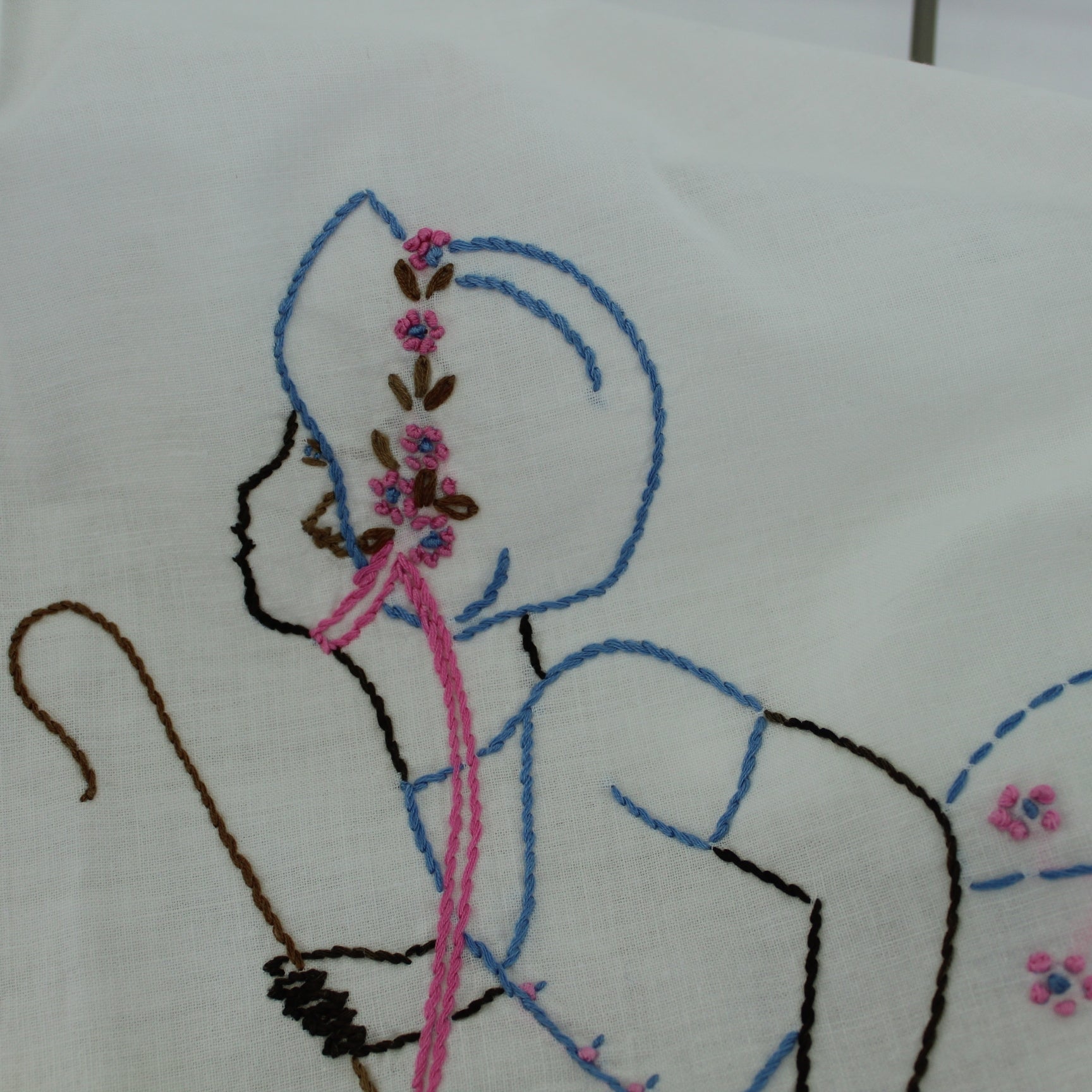 Unfinished Embroidered 1940s Sunbonnet Sue Panel Cotton Fabric flowered bonnet