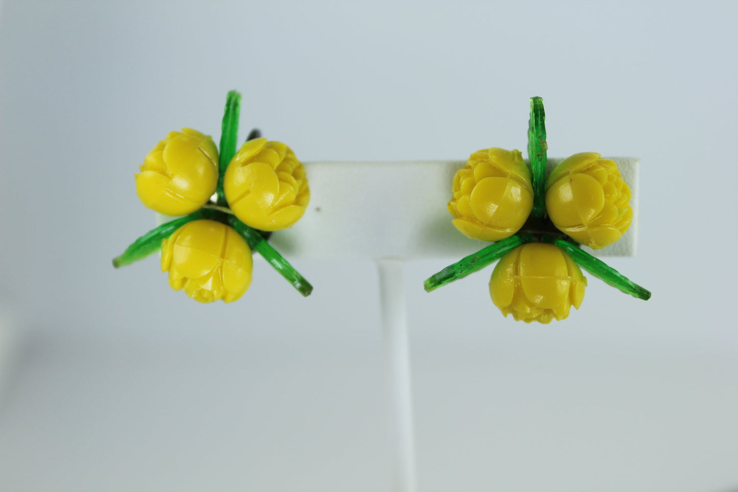 Mold Plastic Earrings Sterling Screw Yellow Roses Japan Vintage collectible