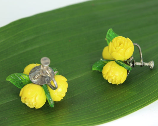Mold Plastic Earrings Sterling Screw Yellow Flowers Japan Vintage