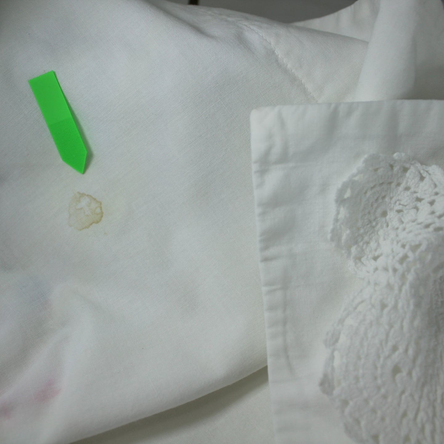 White Cotton Coverlet Matching Pillow Shams Appliqued Crosstitch Pastels note 1 stain reverse of 1 sham
