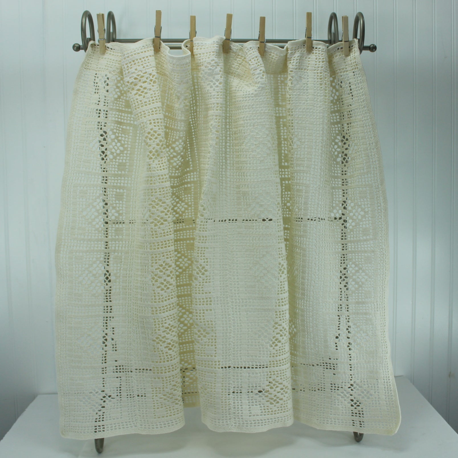 Crochet Window Curtain 2 Panels & Valance Heavy Cotton Hand Made 2 panels photo shows closeup