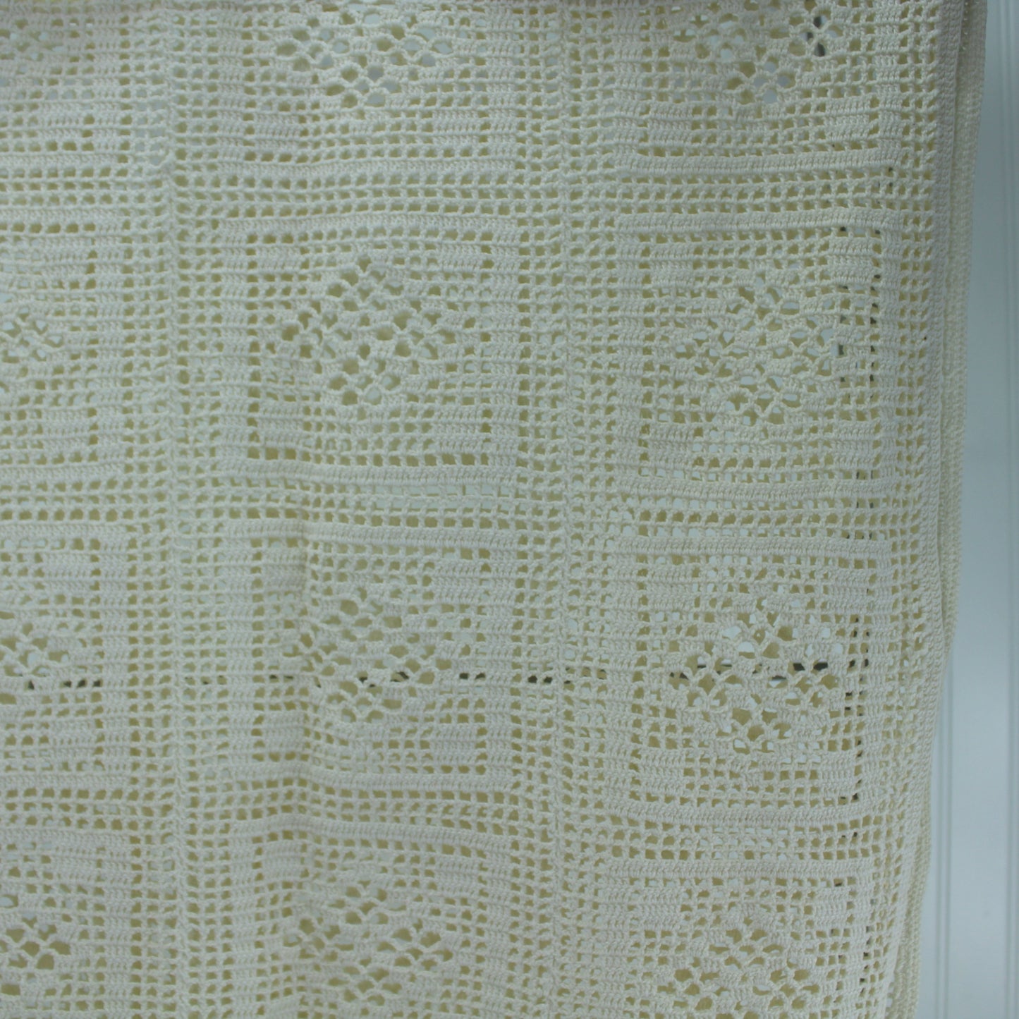 Crochet Window Curtain 2 Panels & Valance Heavy Cotton Hand Made closeup of excellent craft