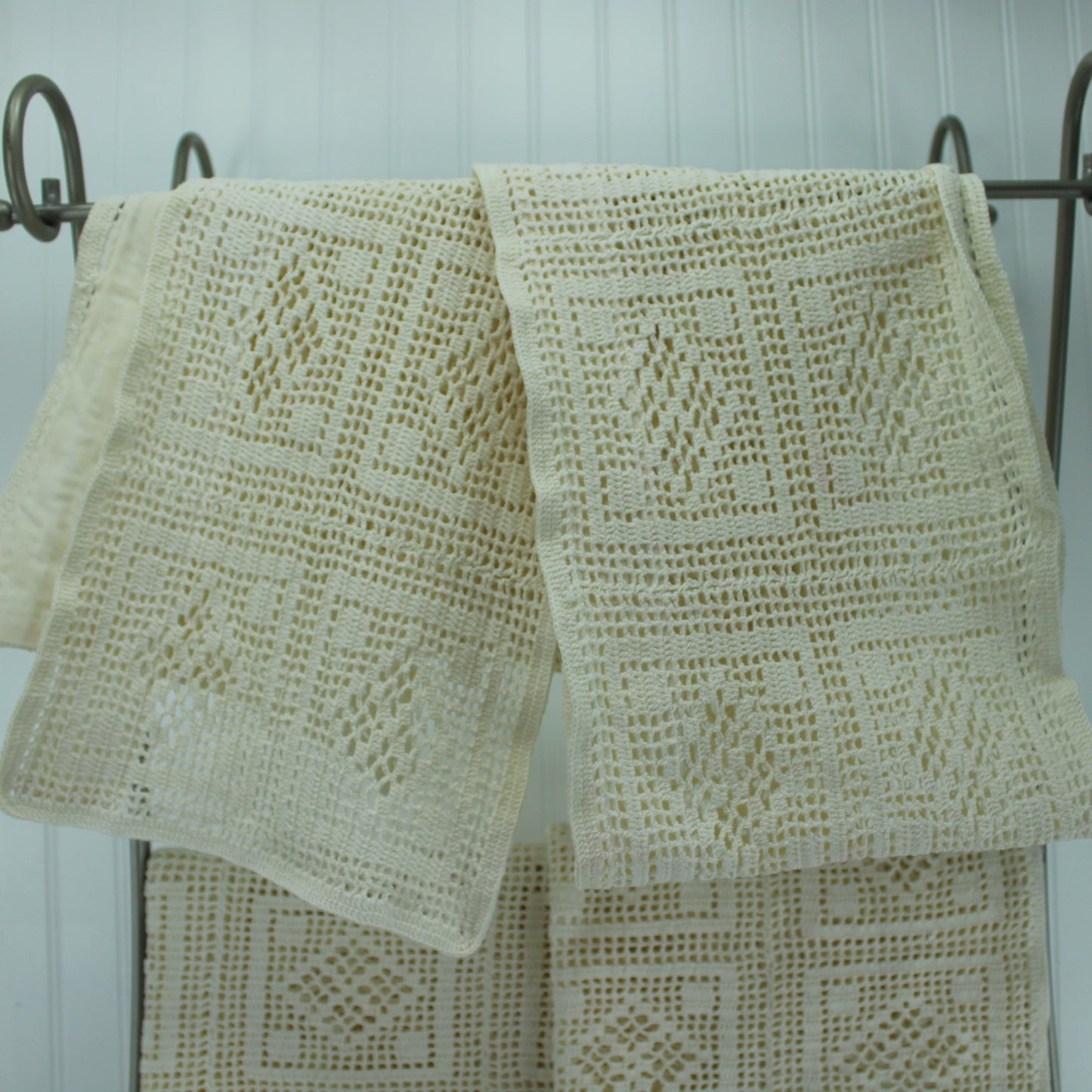 Crochet Window Curtain 2 Panels & Valance Heavy Cotton Hand Made closeup of valance
