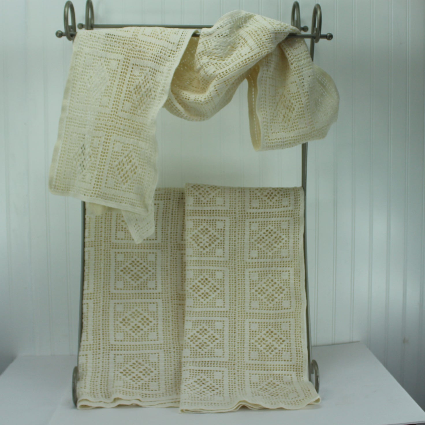 Crochet Window Curtain 2 Panels & Valance Heavy Cotton Hand Made