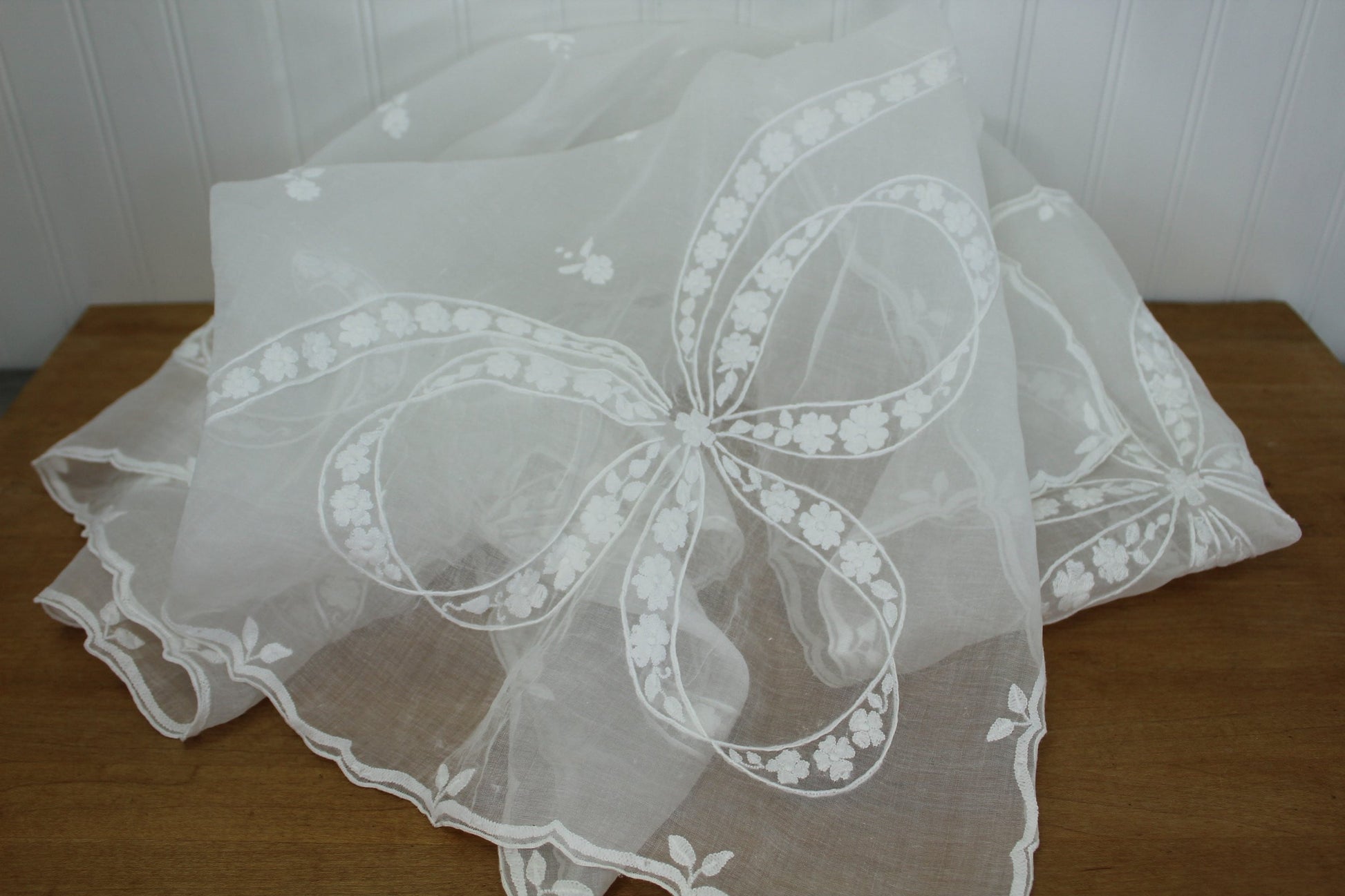 Elegant Small White Organdy Table Cloth - Outline Ribbons  Flower Applique incomparable