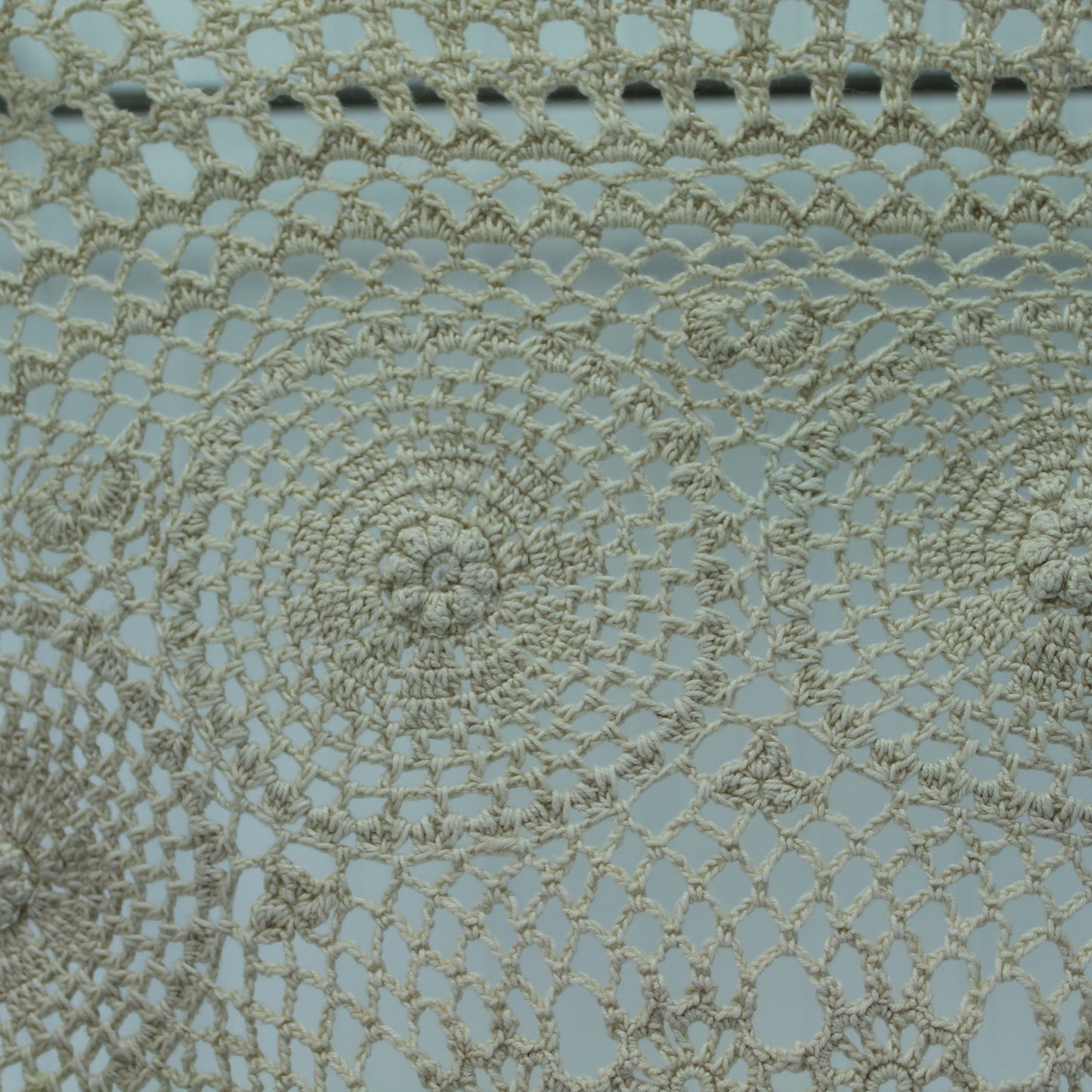 Round Crochet Doily Tablecloth Pale Ecru Heavy Cotton 32" Diameter closeup round doily