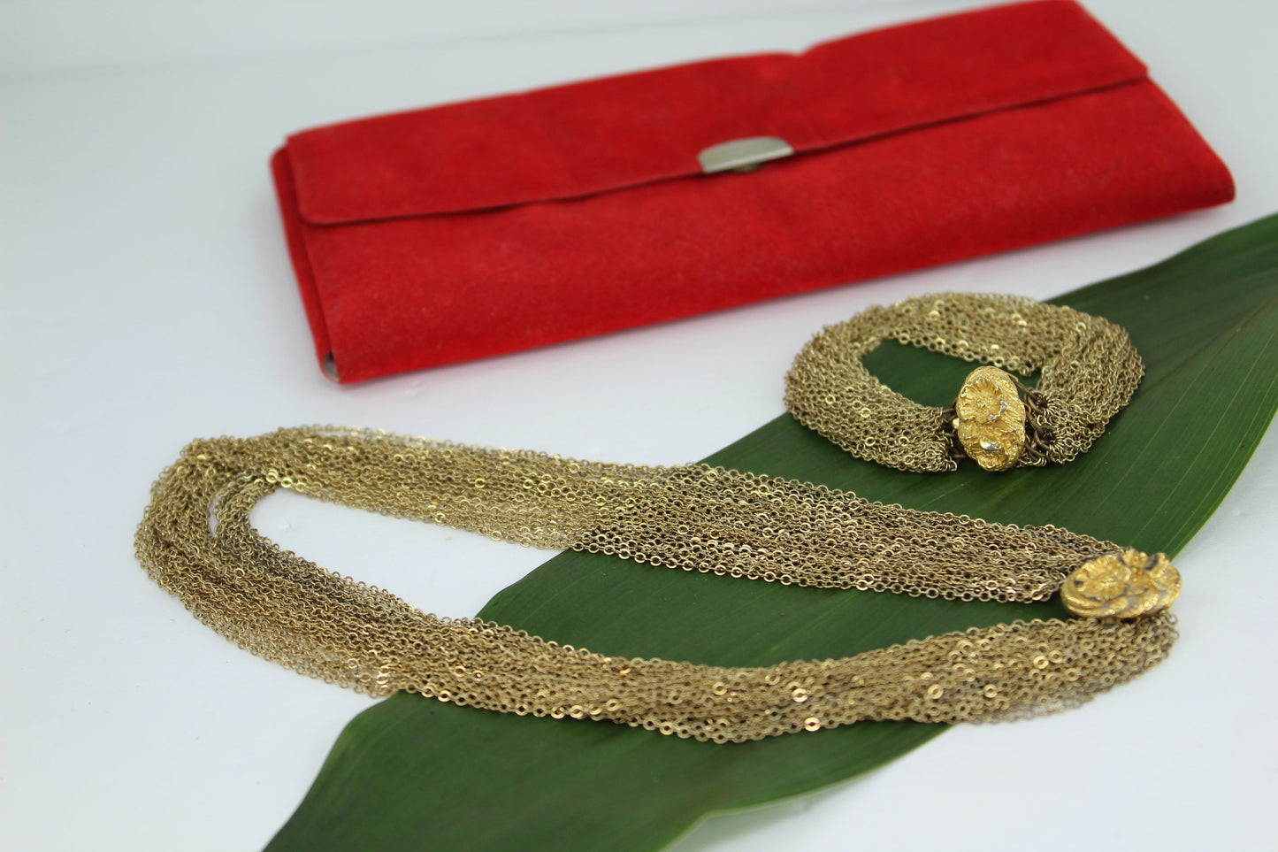 Vintage Multi Chain Set  Necklace Bracelet Unusual Flower Medallions Special sale