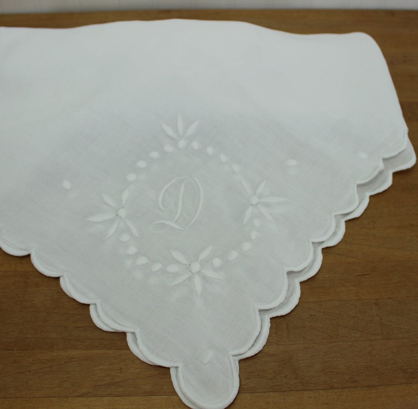 Antique Small White Linen Table Cloth - Early 1900s - Monogram "D" Floral exquisite handiwork embroidery